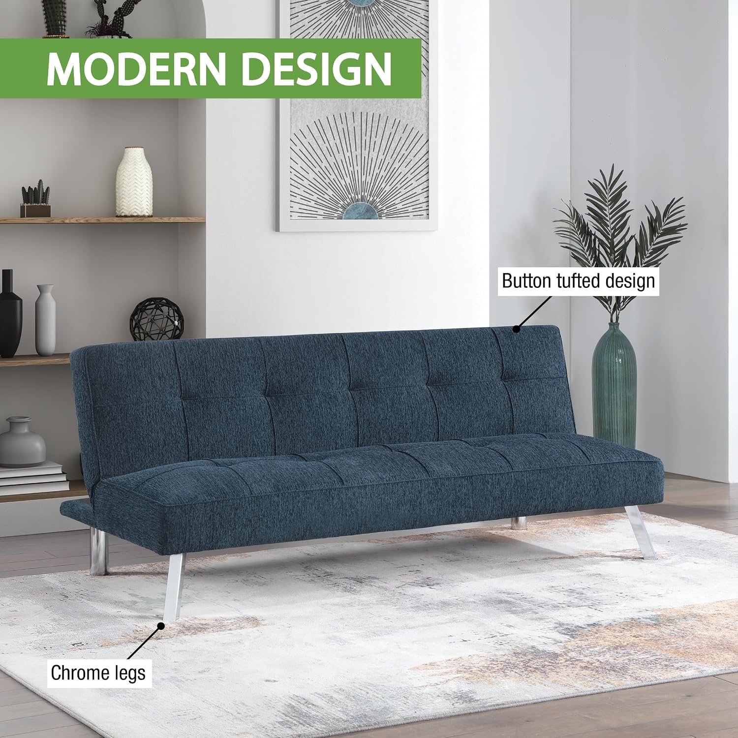 OSP Home Furnishings Kenneth Modern Button Tufted Convertible Click-Clack Futon Sofa Bed, Indigo Blue Fabric with Chrome Legs