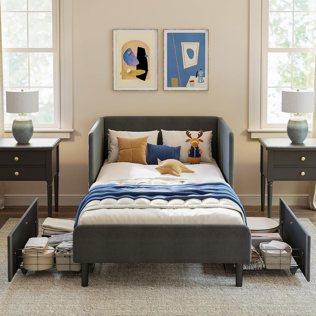 LIKIMIO Twin Daybed with Headboard, Corner Bed Frame with Storage Drawers and Bed Rails, Solid Wood Support for Small Spaces, Guest Room, Dark Gray