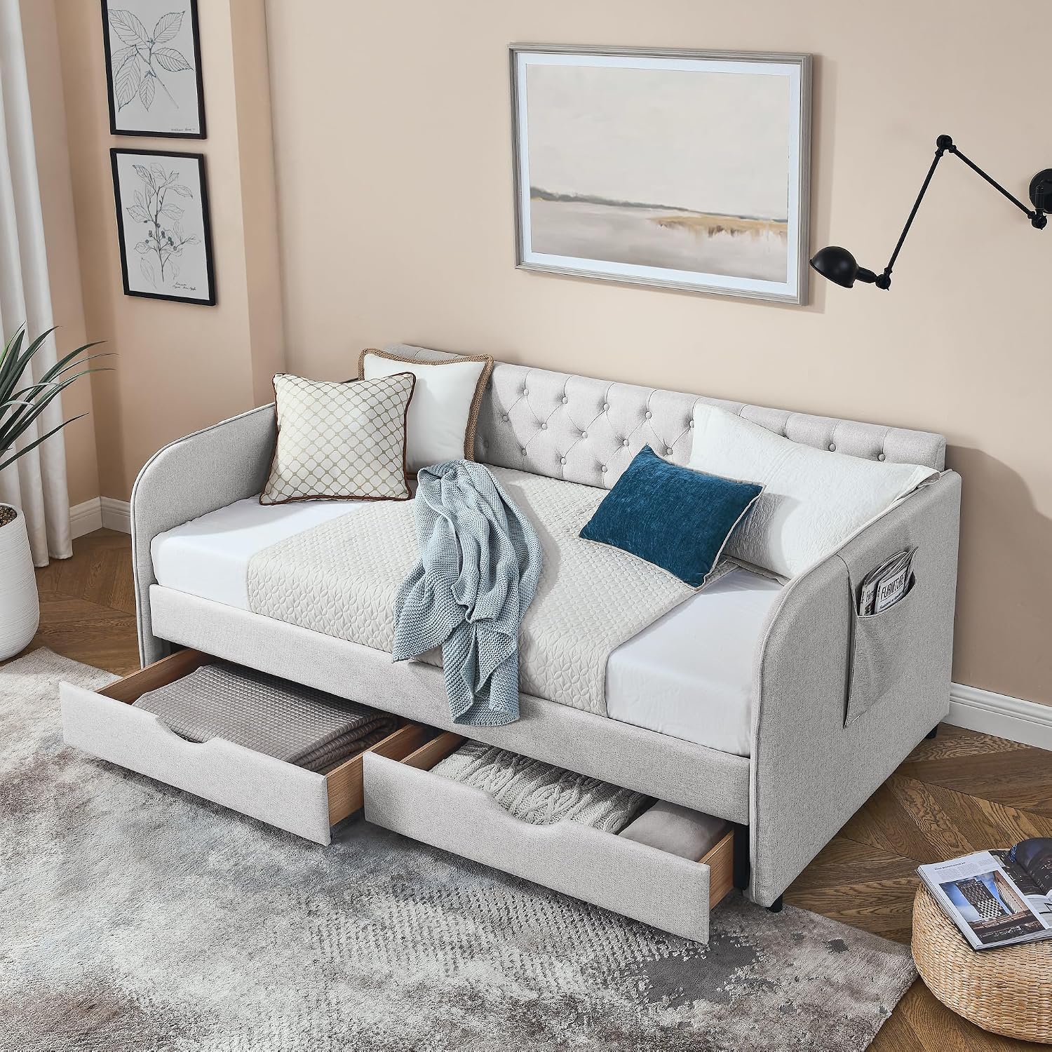 KEIKI Twin Size Upholstery Daybed with Trundle and 2 Drawers, Twin to King Design Mid-Century Style Extendable Sofa Bed, Easy Assembly, No Box Spring Required, for Living Room, Beige