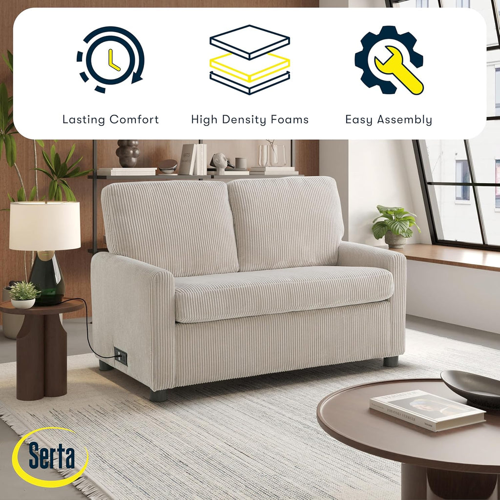 Serta® Darnold 53.5' Pull-Out Sleeper Loveseat, Twin Size, Dreamcoil® Comfort, Memory Foam Pull-Out Mattress, USB-C and USB-A Power Ports, Soft Corduroy Fabric, Beige