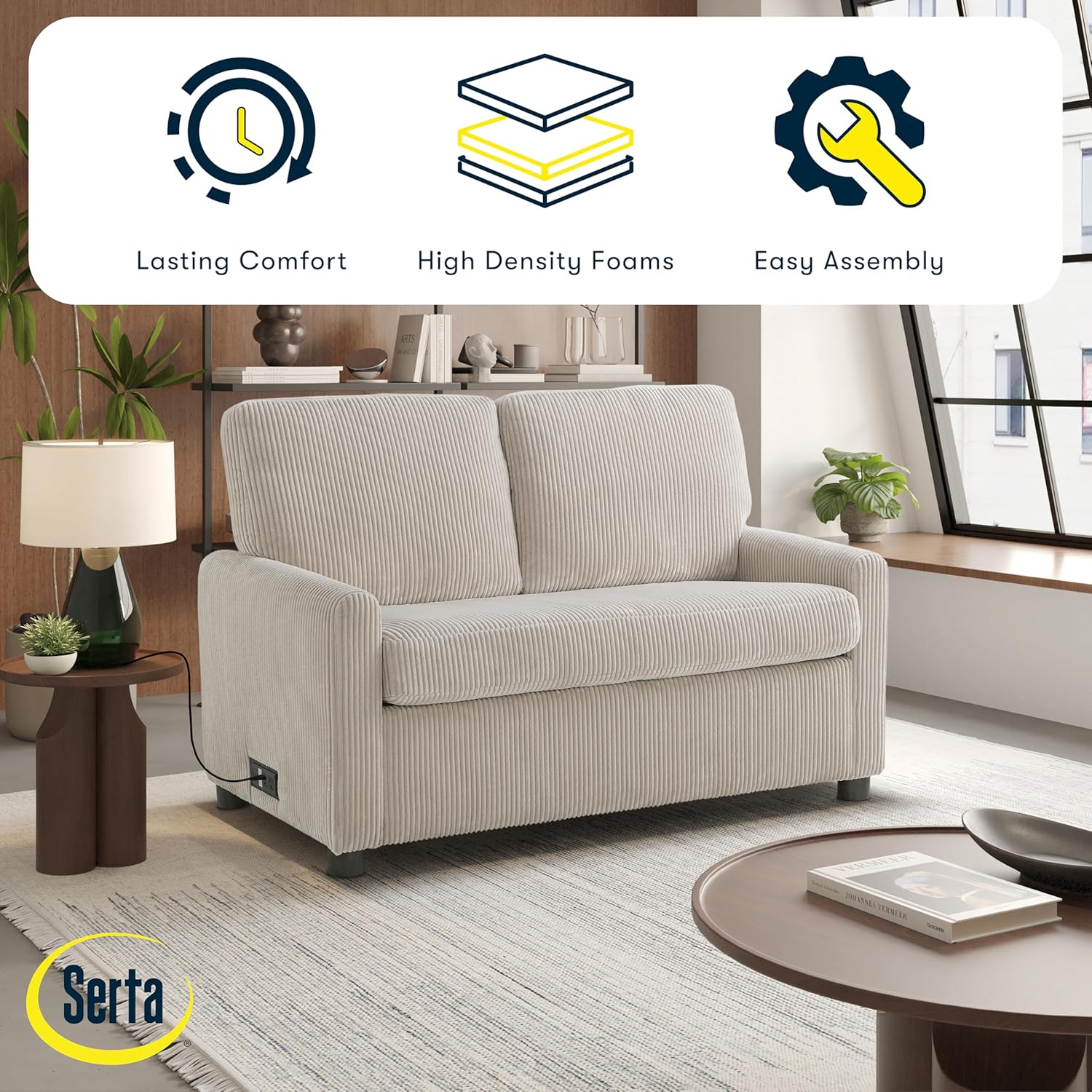 Serta® Darnold 53.5' Pull-Out Sleeper Loveseat, Twin Size, Dreamcoil® Comfort, Memory Foam Pull-Out Mattress, USB-C and USB-A Power Ports, Soft Corduroy Fabric, Beige