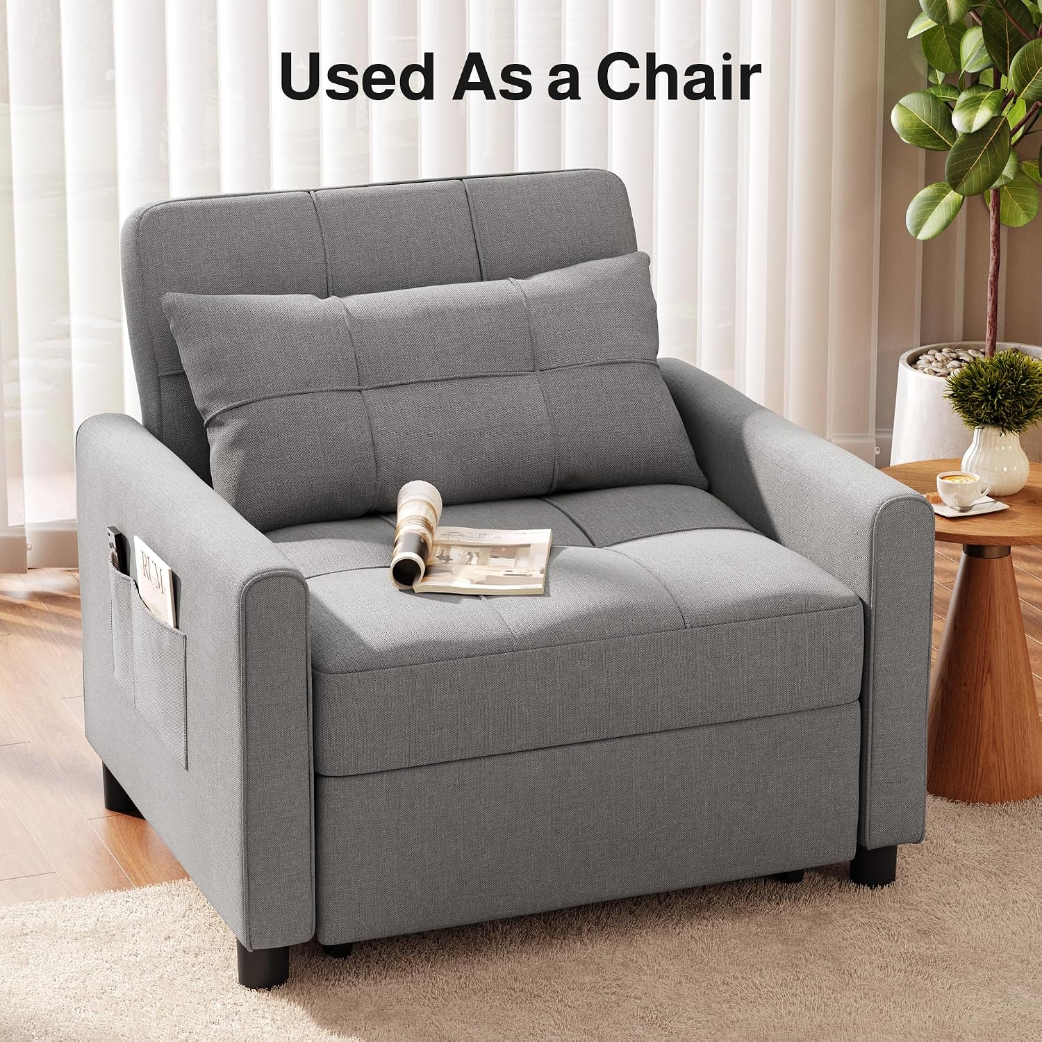 Ahomly Sleeper Sofa Chair Bed, Convertible Sofa Chair 3-in-1, Adjustable Sleeper Chair Pullout Sofa Bed with Modern Linen Fabric for Living Room Apartment Small Space, Grey