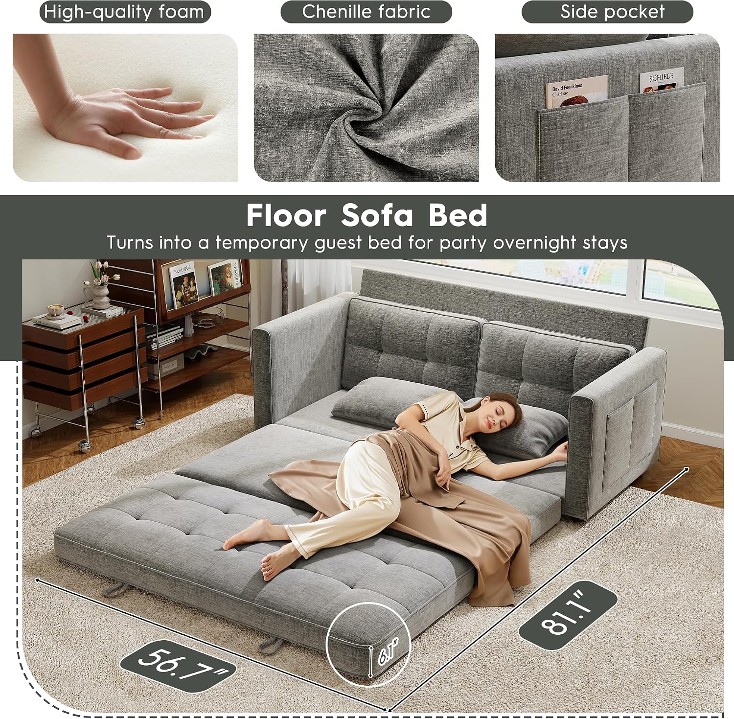 Urhanherry 65' Convertible Folding Sofa Bed, Pull Out Couch Love Seat Sleeper Bed, Small Fold Out Loveseat Sleeper with Removable Arm Pillow for Small Space, Bedroom Lounge, Office, Living Room(Grey)