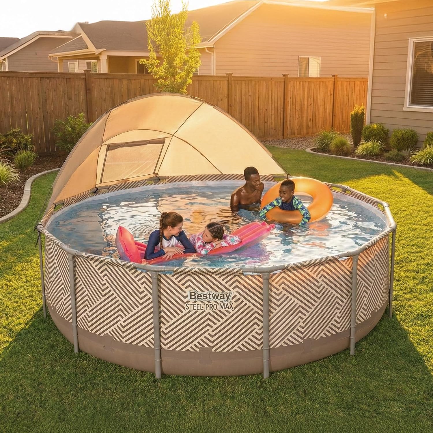 Bestway Steel Pro MAX 13' x 42' Above Ground Pool, Round Metal Frame Outdoor Swimming Pool Set with Canopy, Filter Pump, Ladder, and Cover, Taupe