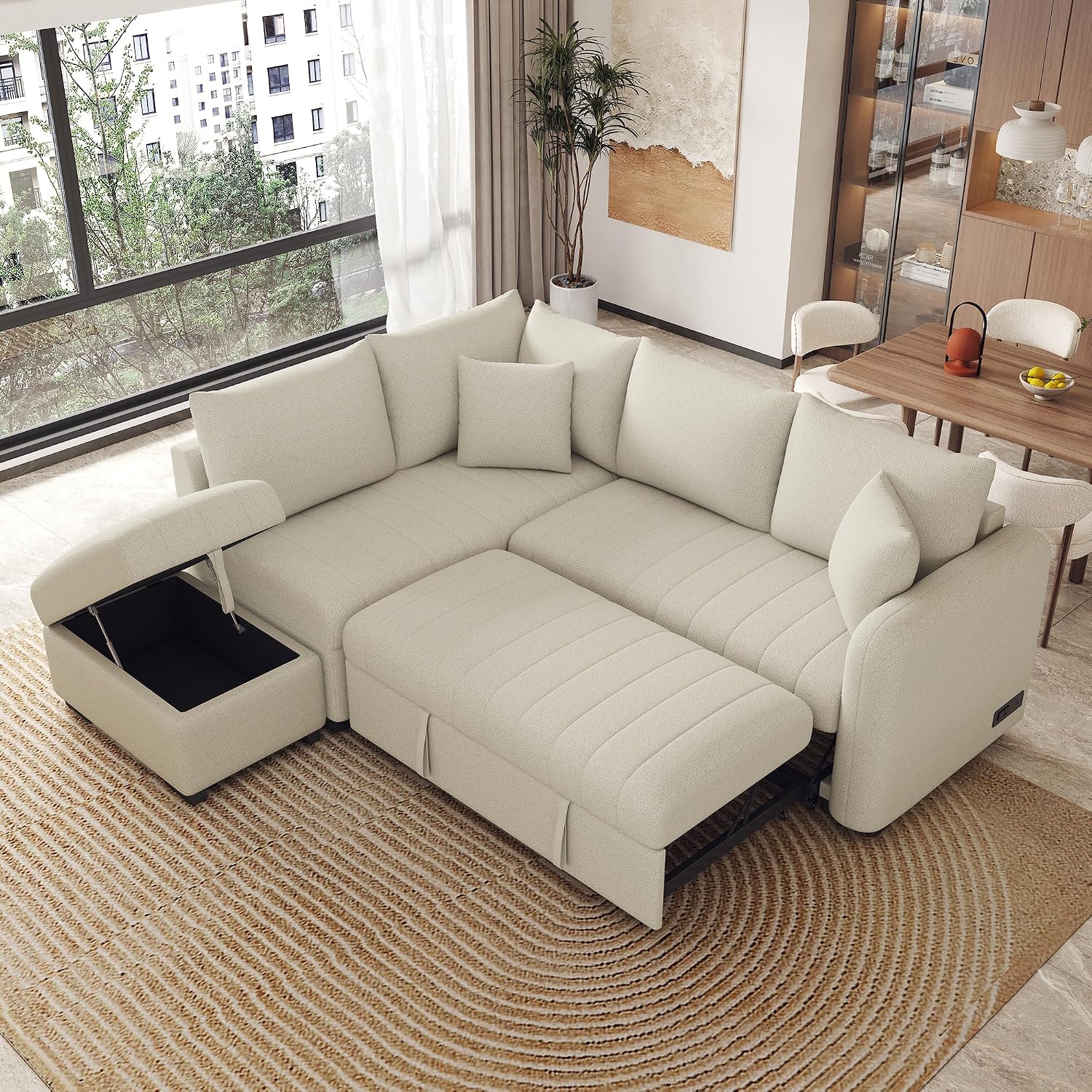 LUMISOL 82.6' Convertible Sleeper Sofa Bed with Storage Ottoman, L-Shaped Sectional Sofa with Charging Stations, Pull Out Sofa Couch with Chaise for Living Room, Apartment, Beige