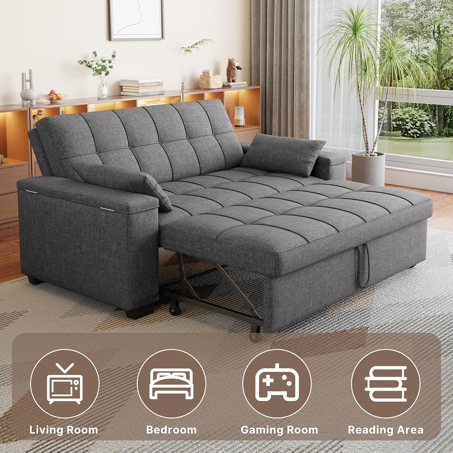 Gizoon 3 in 1 Convertible Sofa Bed, 63.6'' Pull Out Couch with Storage Armrests, Sofa Cama, Adjustable Backrest & Pockets, Linen Loveseat Sleeper for Small Apartment Living Room, Dark Grey