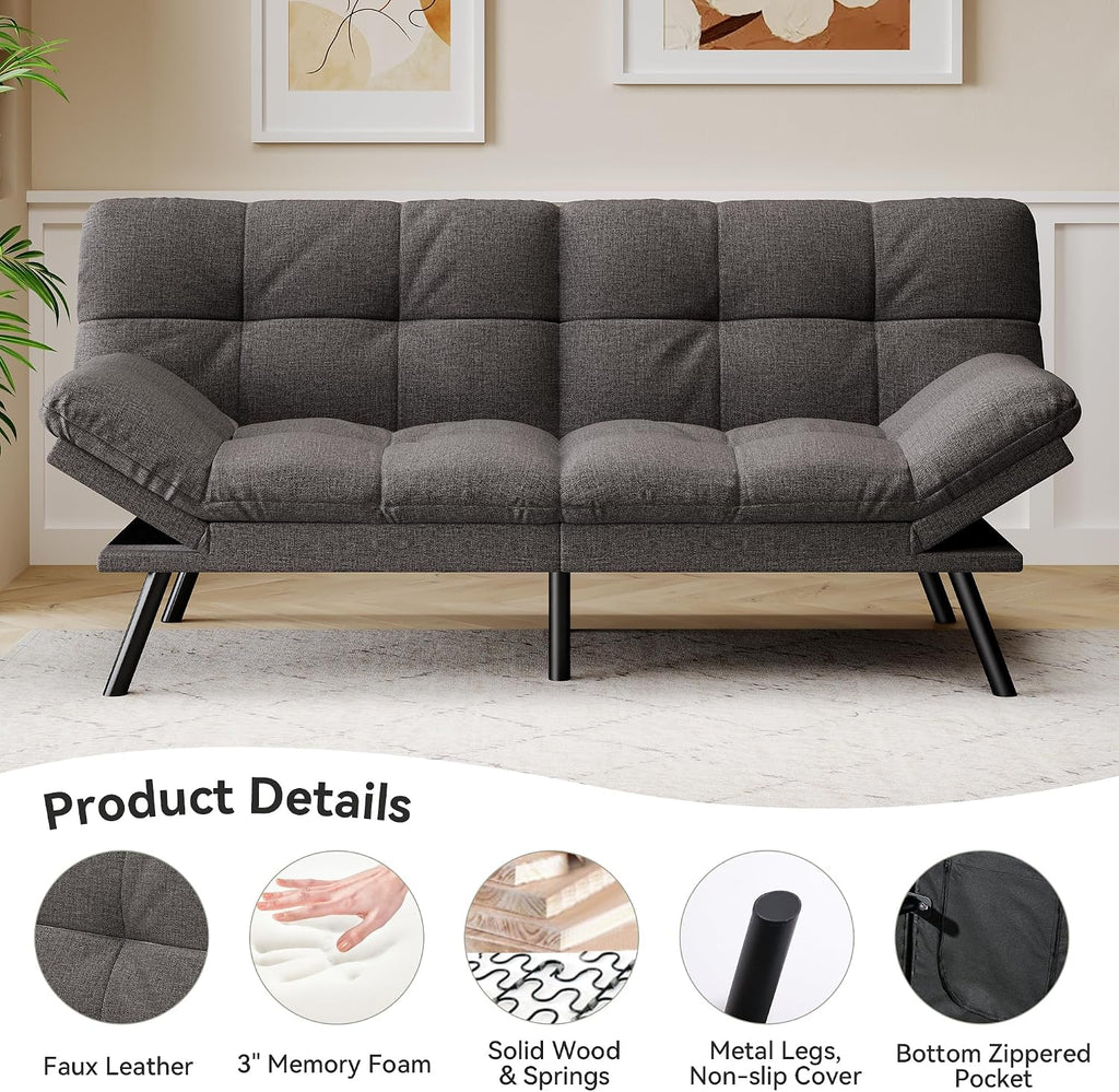 Convertible Futon Sofa Bed,71' Memory Foam Futon Couch,Detachable Cushion,Adjustable Backrest & Armrest,Linen Modern Loveseat Sleeper Recliner for Living Room,Office,Apartment,Classic Grey