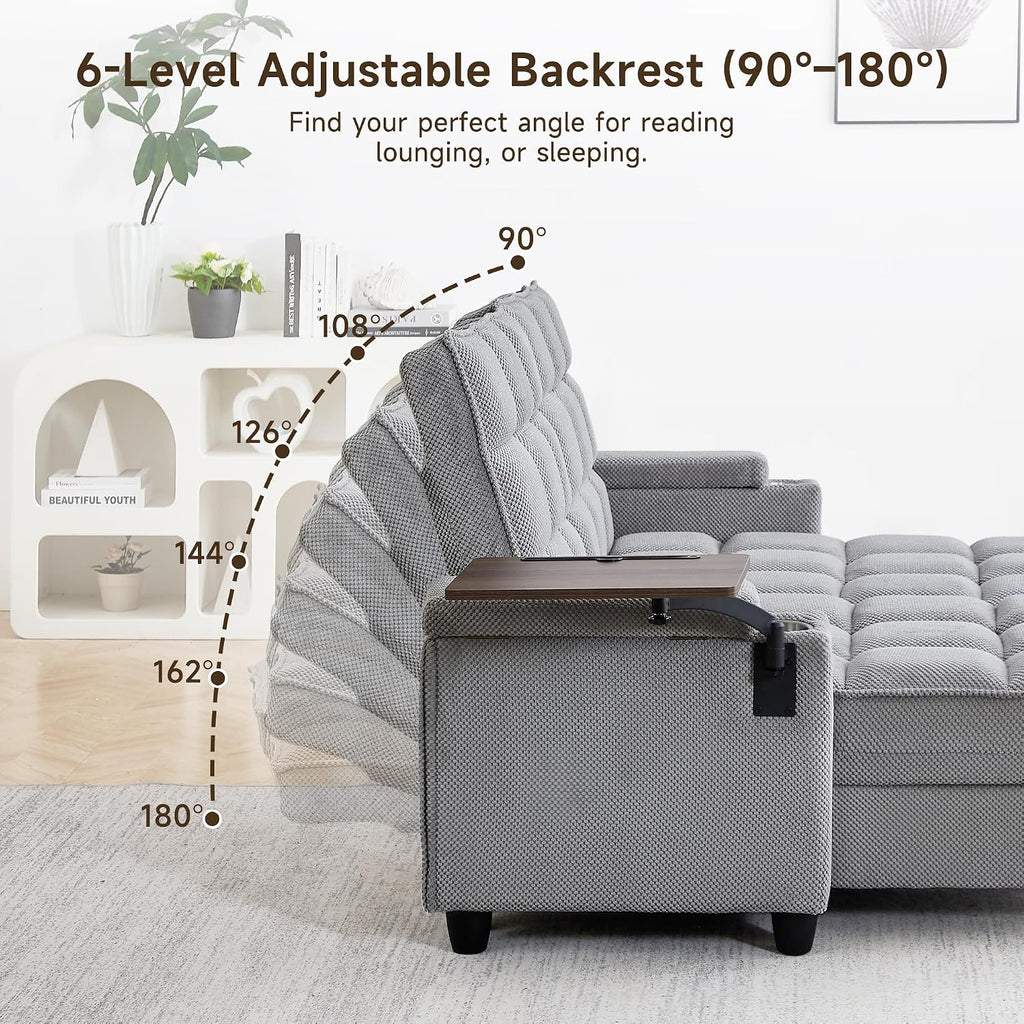 70.9'' Double Chaise Lounge with 360 degree rotatable side table, Comfy Corduroy Indoor Lounge Chair with Armrest Storage, Cup Holder, USB Port, and Pillow for Living Room or Bedroom (light gray)