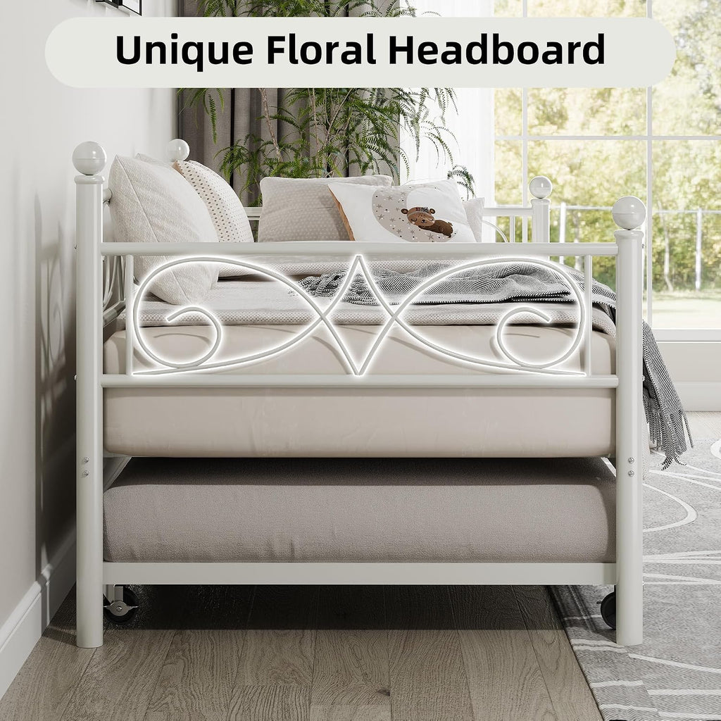 IDEALHOUSE Twin Daybed with Trundle, Metal Trundle Bed, Sofa Bed Frame, Heavy Duty Metal Slats, for Living Room, Bedroom, Guest Room, Space Saving, Modern White