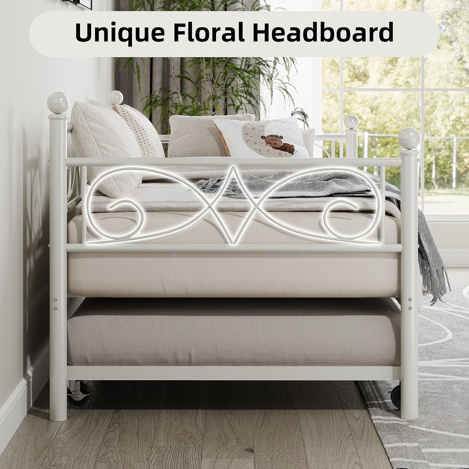 IDEALHOUSE Twin Daybed with Trundle, Metal Trundle Bed, Sofa Bed Frame, Heavy Duty Metal Slats, for Living Room, Bedroom, Guest Room, Space Saving, Modern White