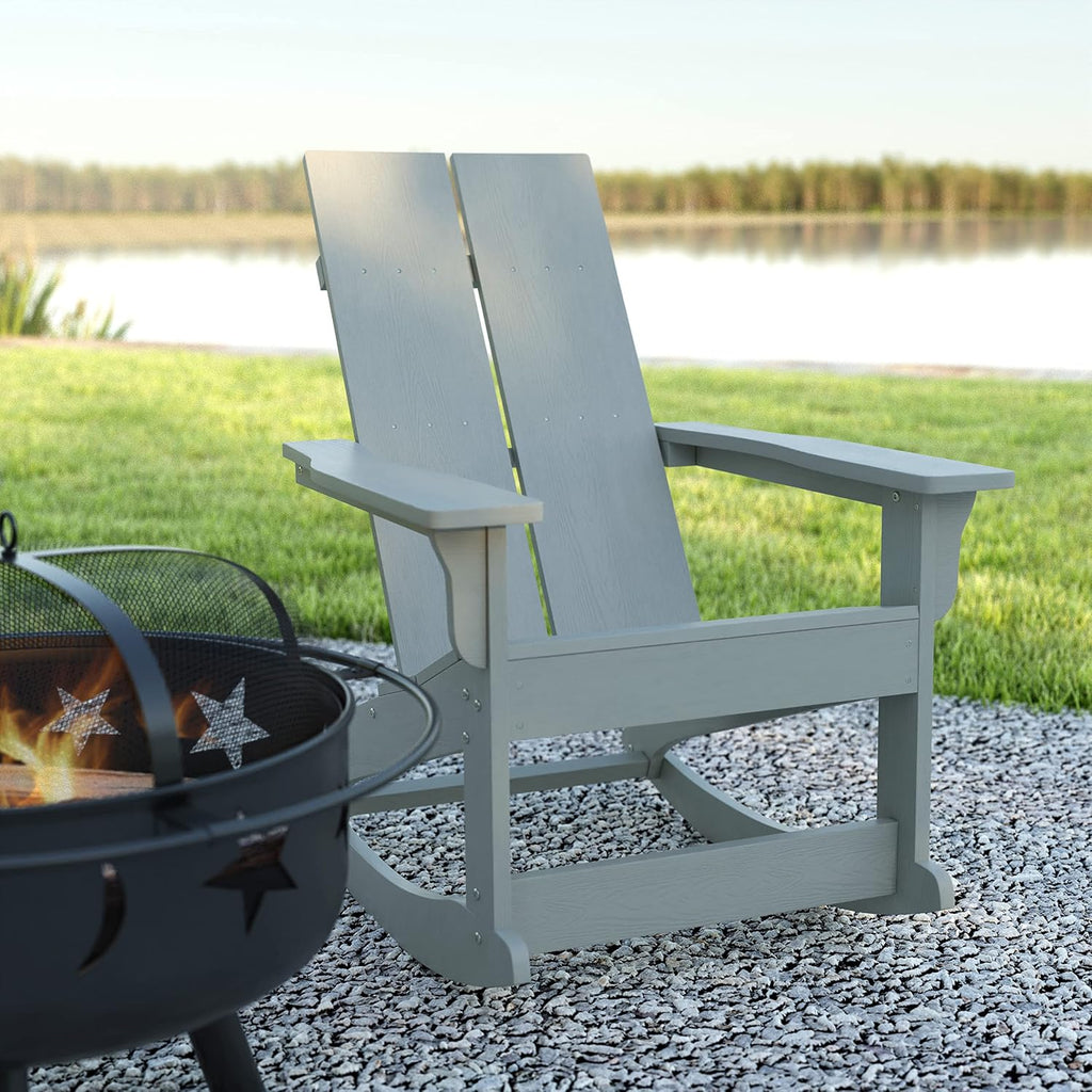 EMMA + OLIVER Harmon Adirondack Rocking Chair - Gray Poly Resin - Suitable for Indoor/Outdoor Use - All Weather Materials - Easy Assembly - 350 lb. Weight Capacity