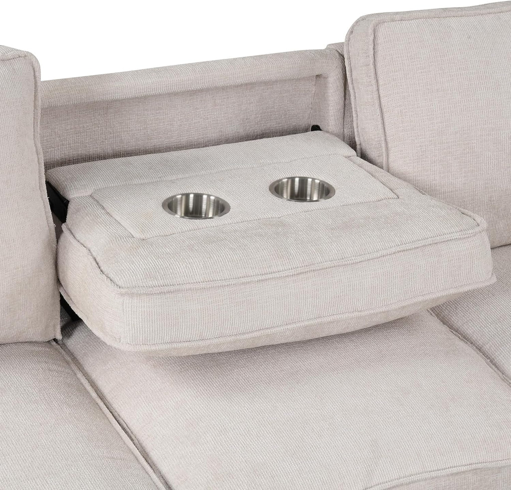 LUMISOL 89' Convertible Sleeper Sofa Bed, Modern L-Shaped Sectional Sofa Pull Out Couch with Chaise, Chenille Sofa Bed with Cup Holder, USB Ports for Living Room, Small Apartment, Beige