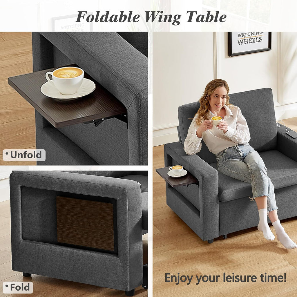 WEUP 42.5' Sleeper Chair Bed, 3-in-1 Convertible Reclining Sofa Chair with Pull Out Couch Bed, Adjustable Backrest, Side Pockets, Cup Holder, USB Ports & Wing Table, Premium Dark Gray