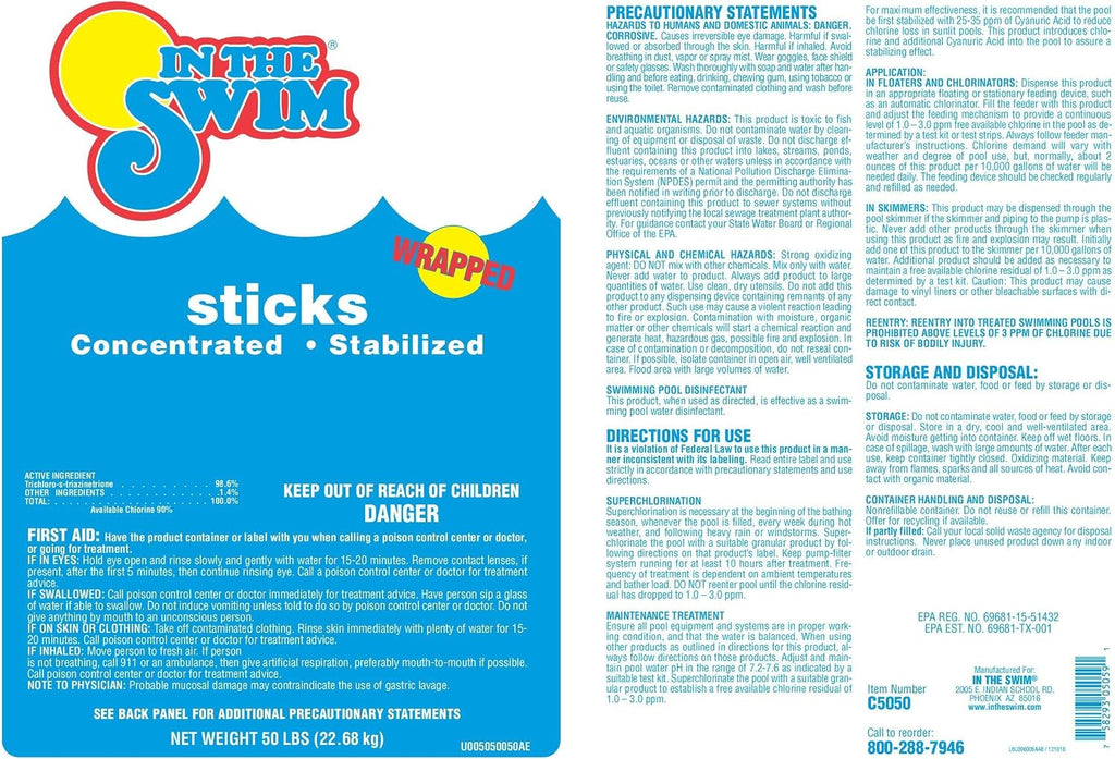 In The Swim 4 Inch Chlorine Sticks for Sanitizing Swimming Pools - Individually Wrapped, Slow Dissolving, Stabilized Chlorine Sanitizer - 90% Available Chlorine, 99% Trichlor - 25 Pounds