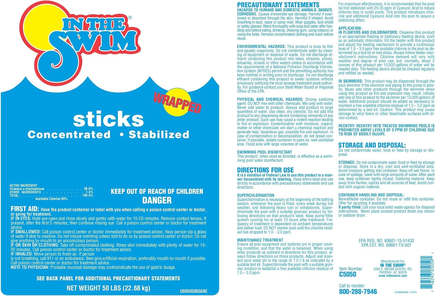 In The Swim 4 Inch Chlorine Sticks for Sanitizing Swimming Pools - Individually Wrapped, Slow Dissolving, Stabilized Chlorine Sanitizer - 90% Available Chlorine, 99% Trichlor - 10 Pounds