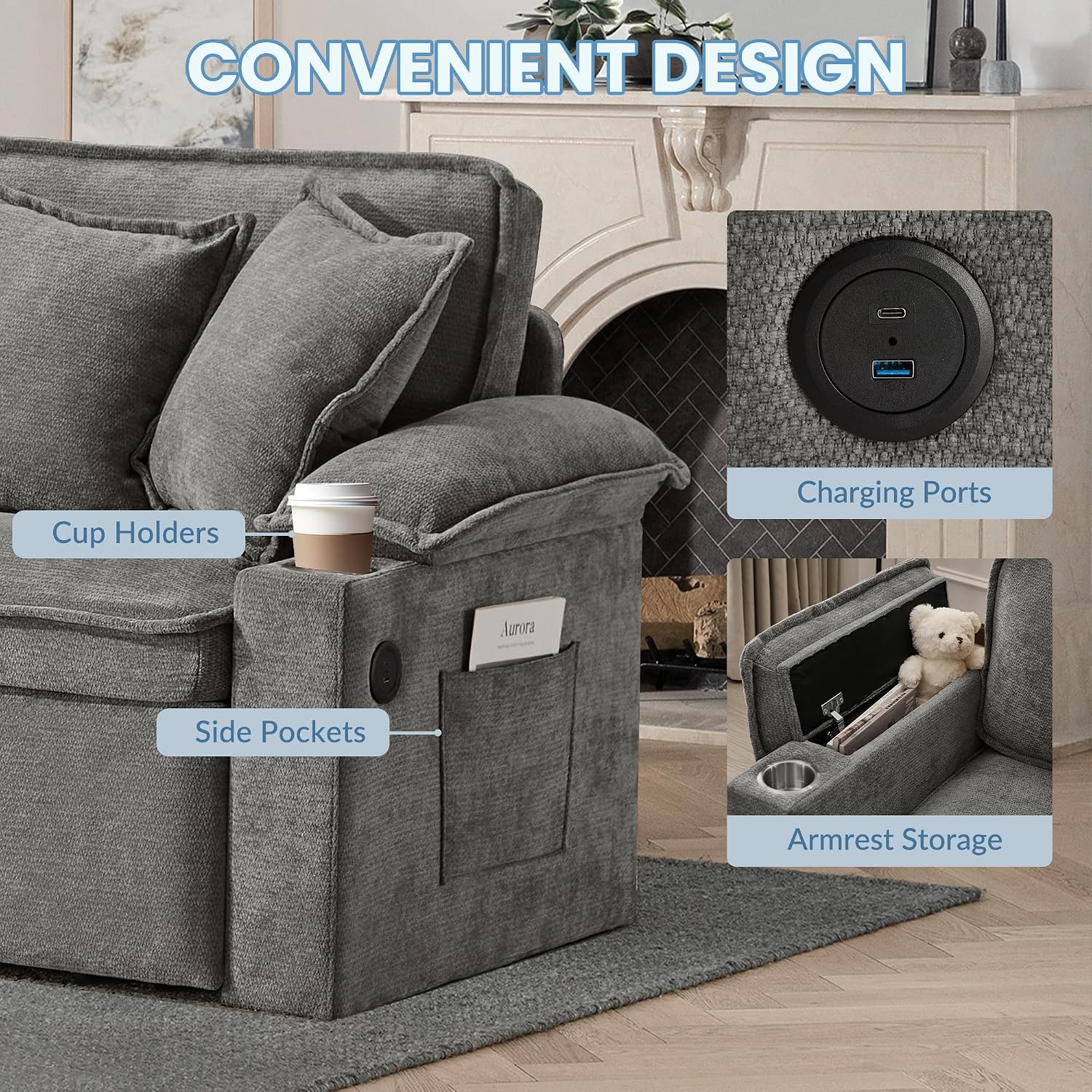 83' King Size Pull Out Sofa Bed, 4-in-1 Convertible Sleeper Sofa Bed with USB Ports, Cup Holders, Side Pockets, Corduroy Oversized Loveseat Chaise Lounge for Living Room, Small Space (Light Gray)