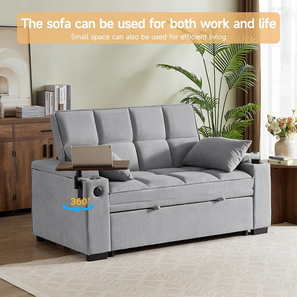 Auvsoce 65' Sleeper Sofa Bed Loveseat, Convertible Couch for Living Room, RV Sofa with Adjustable Backrest, Chaise Lounge, Side Table, USB & Type-C Ports