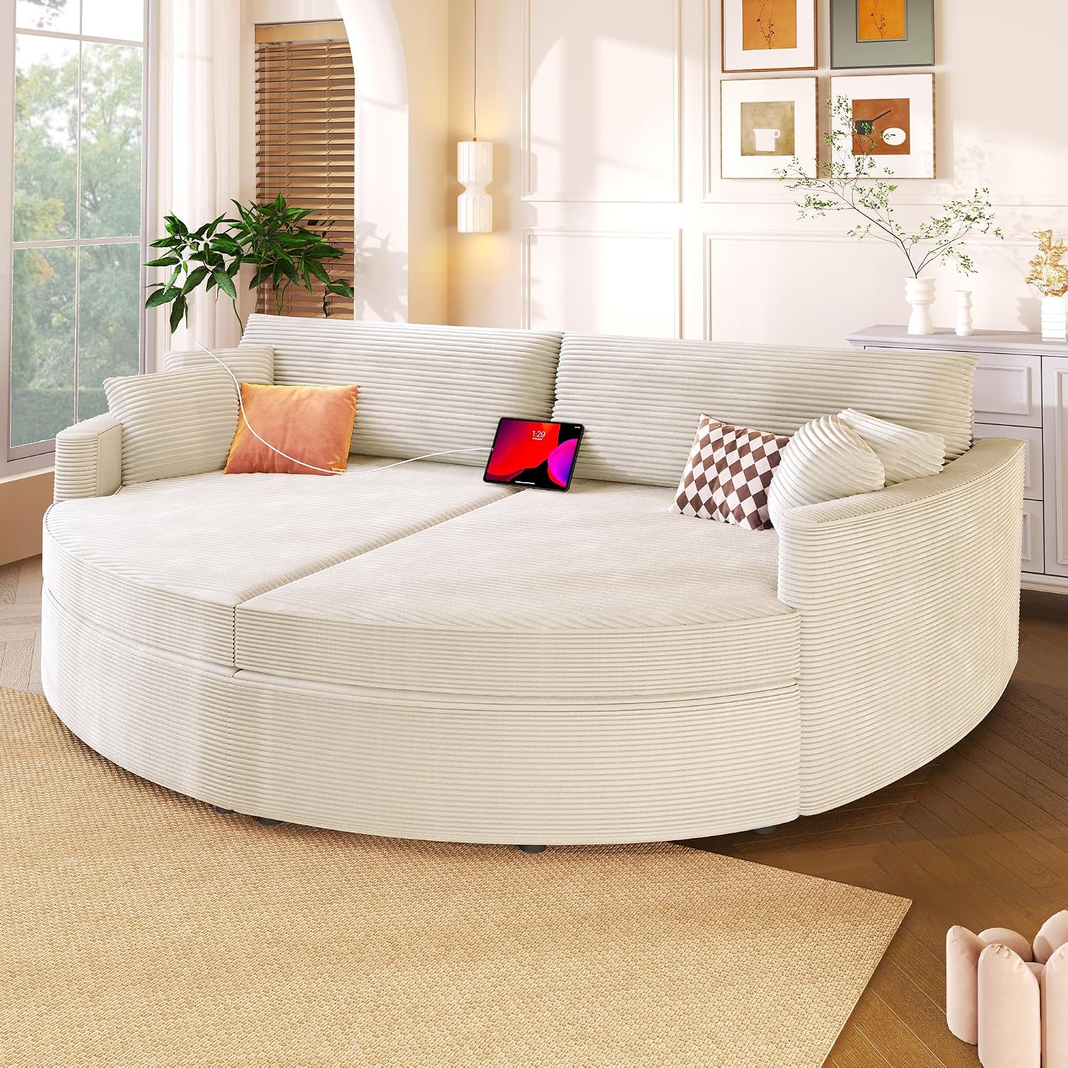Merax 102.3' Oversized Double Chaise Lounge Indoor, Comfy Corduroy Upholstered Loveseat Sleeper Sofa Bed, Deep Seat Cloud Couch with USB Ports and Throw Pillows for Living Room, Beige