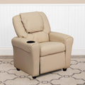 EMMA + OLIVER Beige Vinyl Kids Recliner with Cup Holder and Headrest