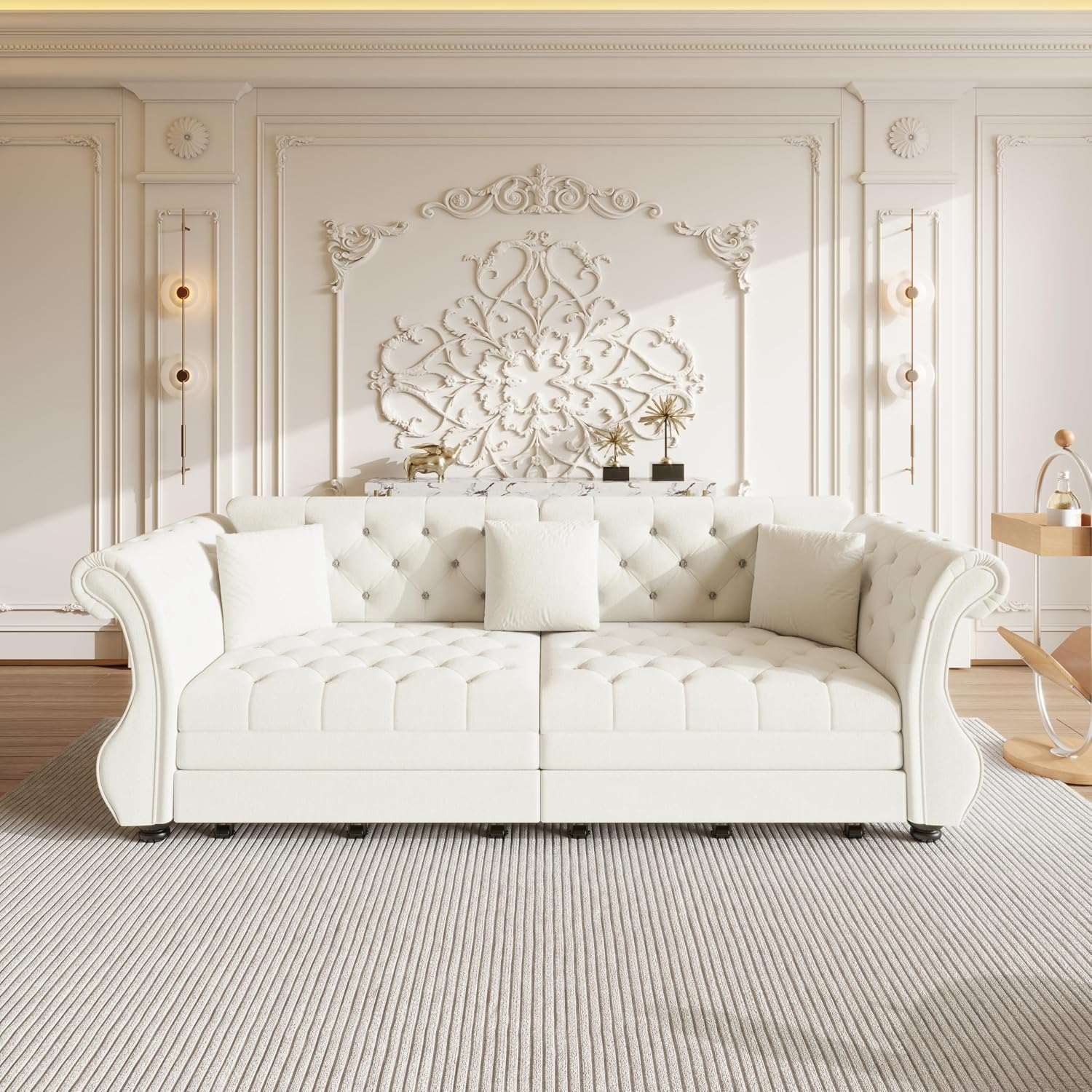 97.6' Oversized Pull Out Sofa Bed, Chesterfield Velvet Sleeper Sofa Couch with Roll Arm & Flower Tufting, Heavy Duty Metal Frame Convertible Sofa for Living Room, Apartment, Guest Room, Beige | Pull Out, Roll Arm, Flower Tufting, Convertible
