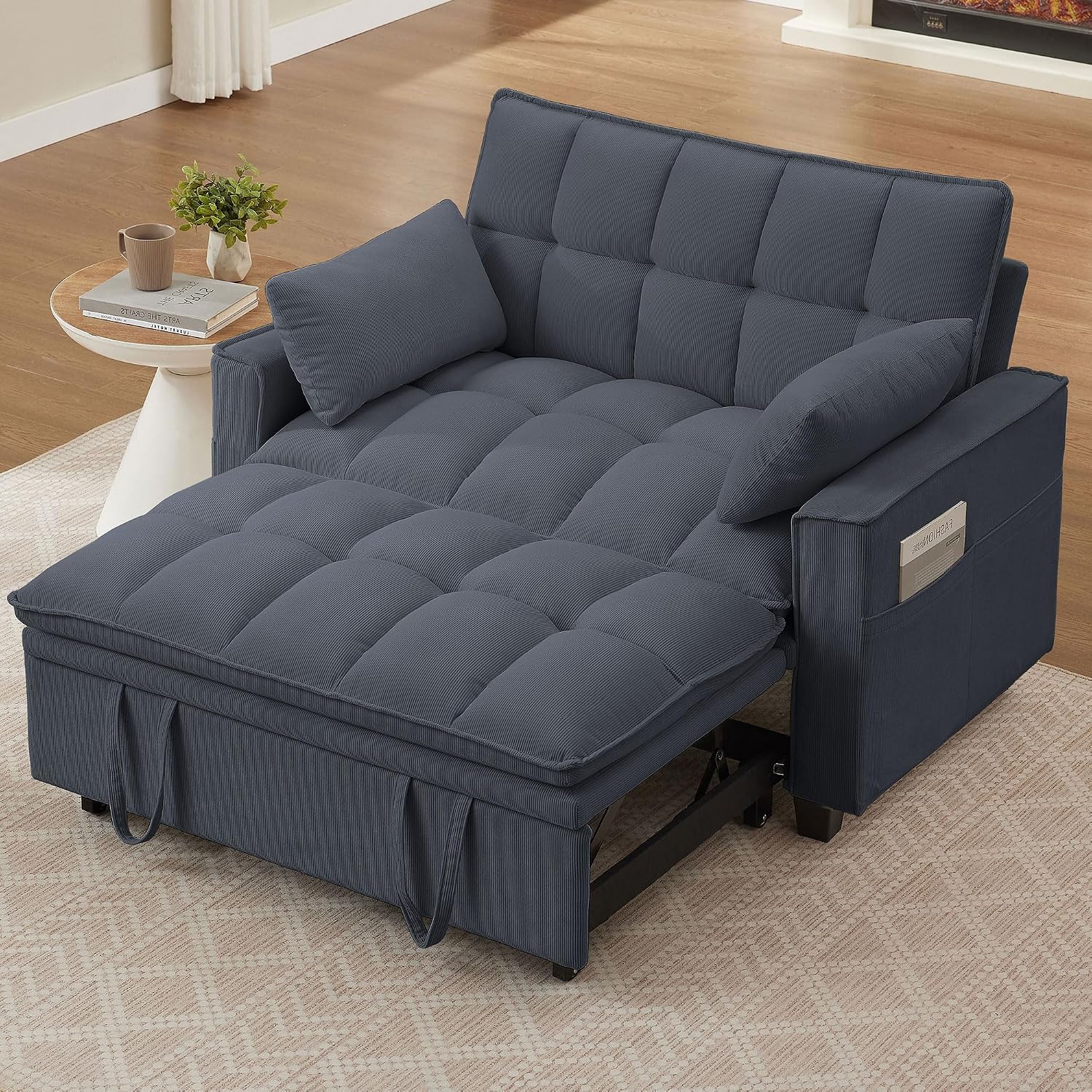 Sleeper Sofa with Pull Out Couch Bed, 48' Convertible Pull-Out Sofa Bed Chair, 3-in-1 Futon Couch with Reclining Backrest and Side Pockets for Living Room Bedroom Apartment, Dark Grey