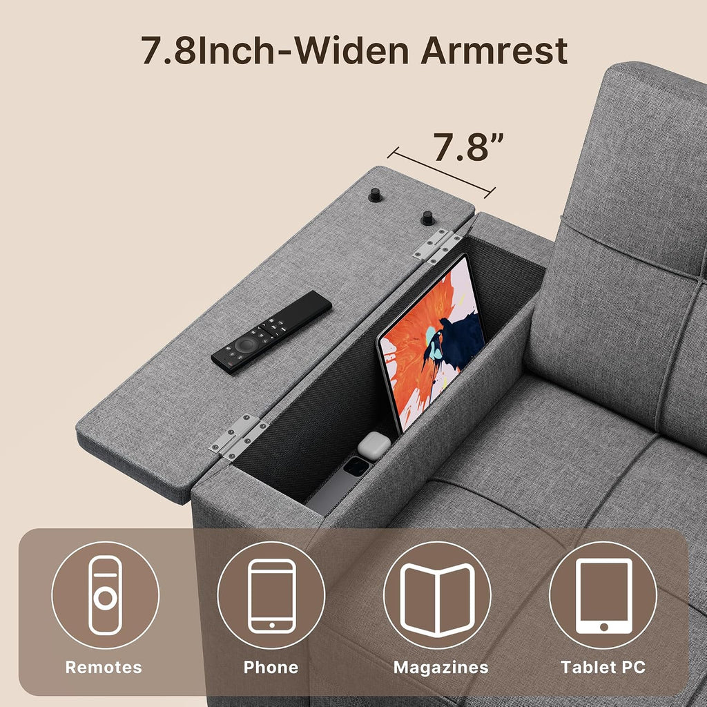 Gizoon 3 in 1 Convertible Sofa Bed, 63.6'' Pull Out Couch with Storage Armrests, Sofa Cama, Adjustable Backrest & Pockets, Linen Loveseat Sleeper for Small Apartment Living Room, Dark Grey