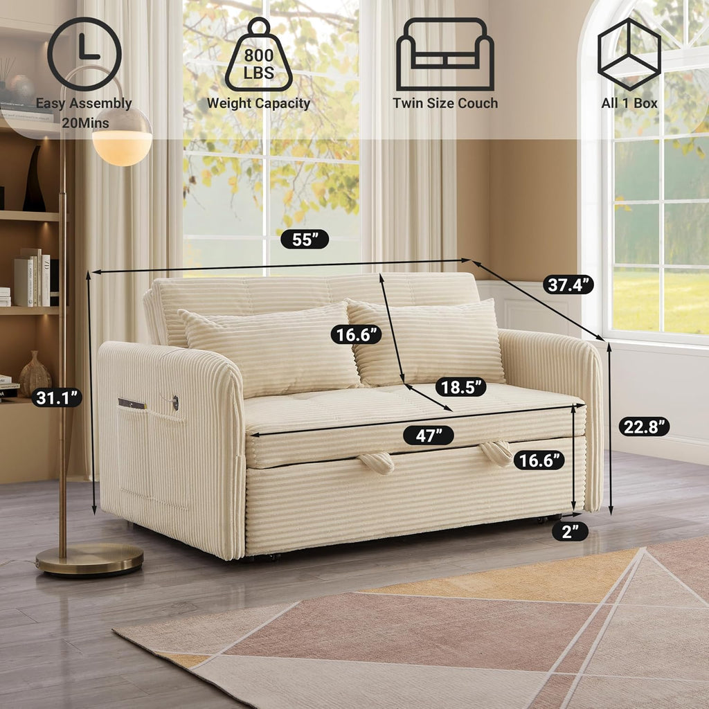 55.5' Corduroy Convertible Sofa Bed, Pull Out Sleeper Sofa Bed, Loveseat Couch with USB Charging Ports, 3 in 1 Convertible Sleeper Sofa Bed for Living Room, Apartment, Bedroom, RV, Beige