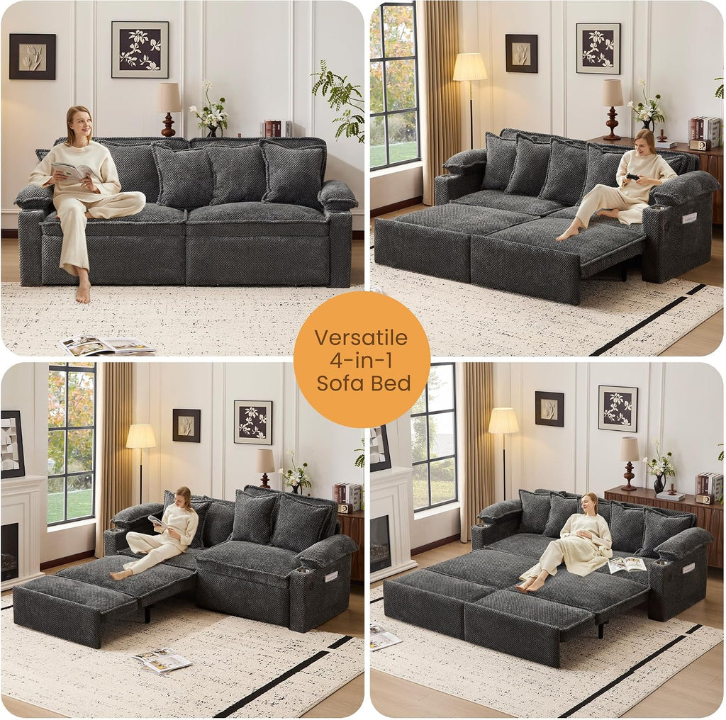 SUNWAVE 83' King Size Pull Out Sofa Bed, 4-in-1 Convertible Sleeper Sofa Bed with USB Ports, Cup Holders, Side Pockets, Corduroy Pull Out Couch Loveseat Chaise for Living Room, Small Space (Gray)