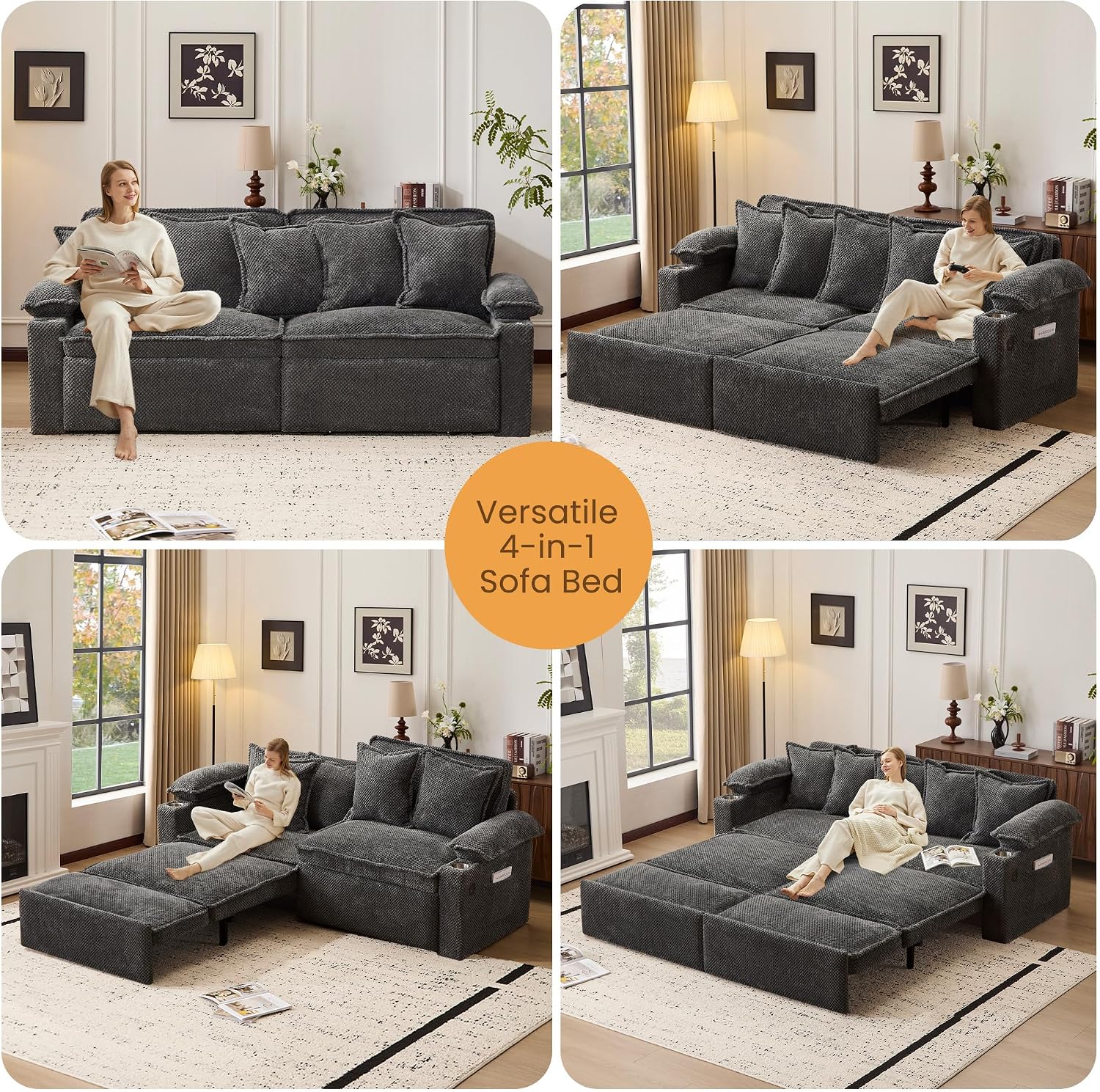 SUNWAVE 83' King Size Pull Out Sofa Bed, 4-in-1 Convertible Sleeper Sofa Bed with USB Ports, Cup Holders, Side Pockets, Corduroy Pull Out Couch Loveseat Chaise for Living Room, Small Space (Gray)
