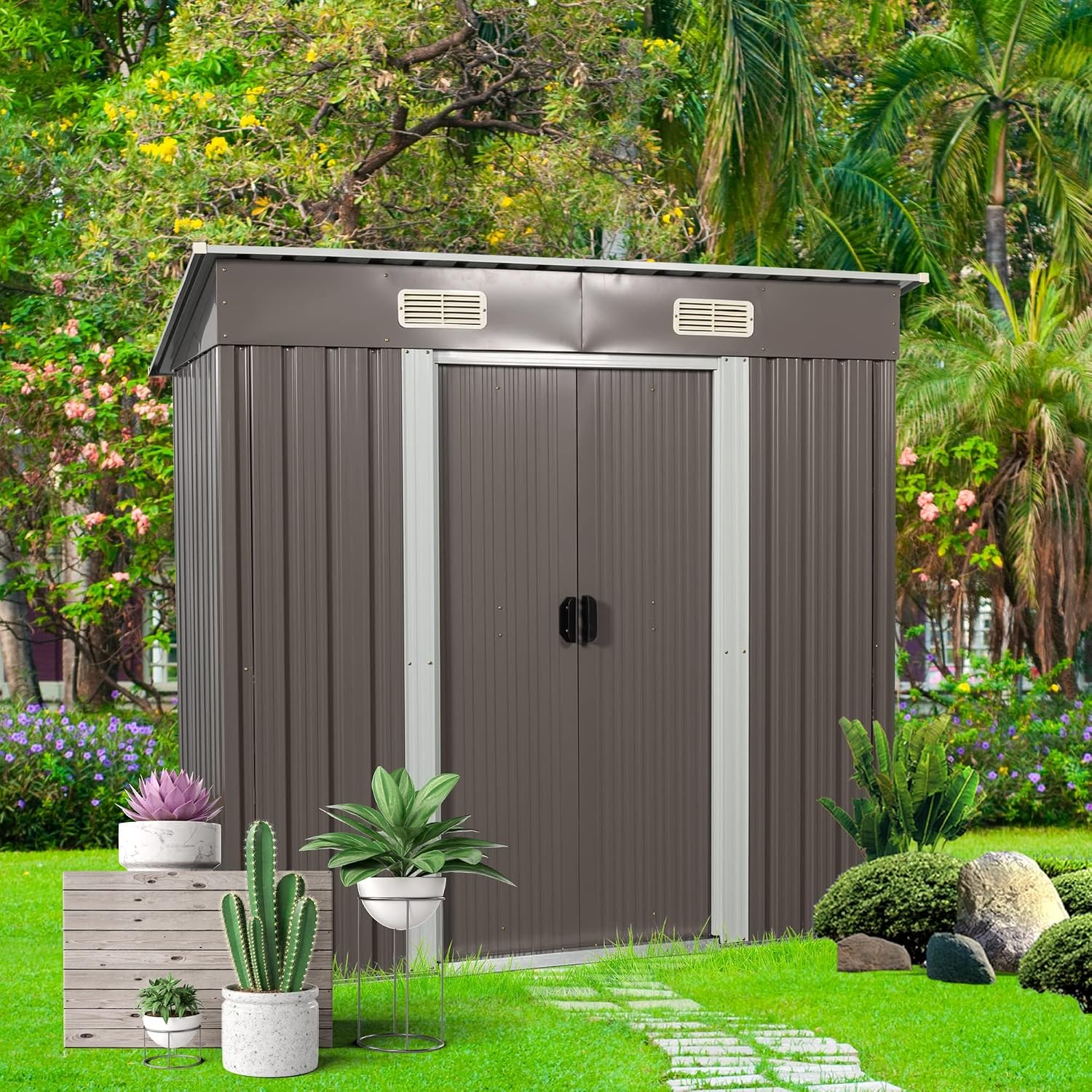 6X4 FT Outdoor Storage Shed, Waterproof Metal Garden Sheds with Lockable Door, Steel Tool Storage Buildings Shed & Outdoor Storage House for Garden, Backyard, Patio, Lawn, Trash Cans(Gray)
