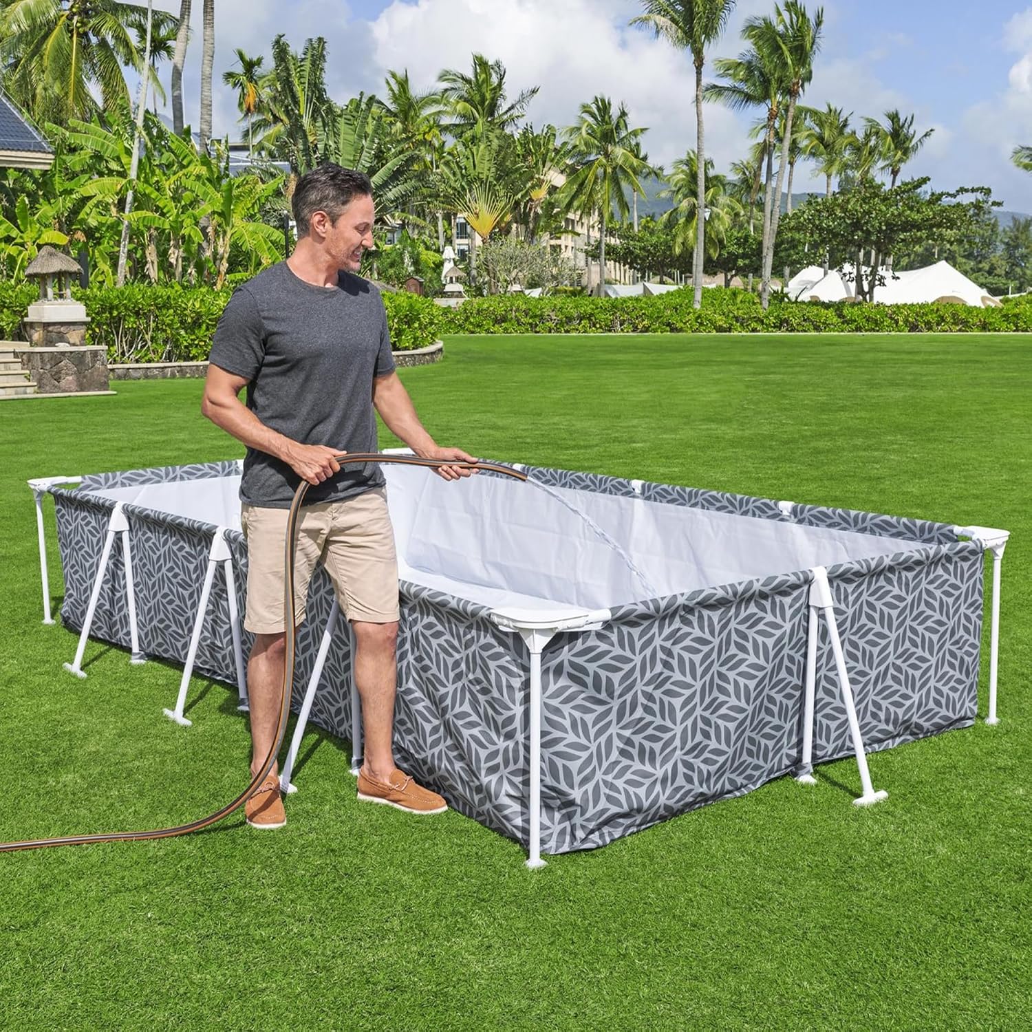 Bestway Steel Pro Rectangular Swimming Pool Above Ground Outdoor Backyard Framed Pool Set with 330 Gallon Filter Pump, 12' x 6' 7' x 26', Gray