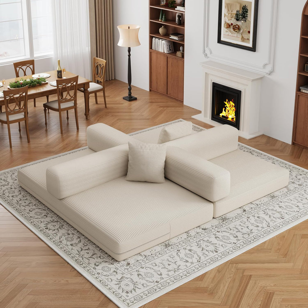 4-in-1 Foldable Sofa Bed Teddy Fabric Foam-Filled Compressed Couch, Beds Queen Size Convertible Sofa Couch Loveseat , Boneless Folding Sleeper for Living Room, Guest Bed, Playroom (Beige, 59' 2 Seat)