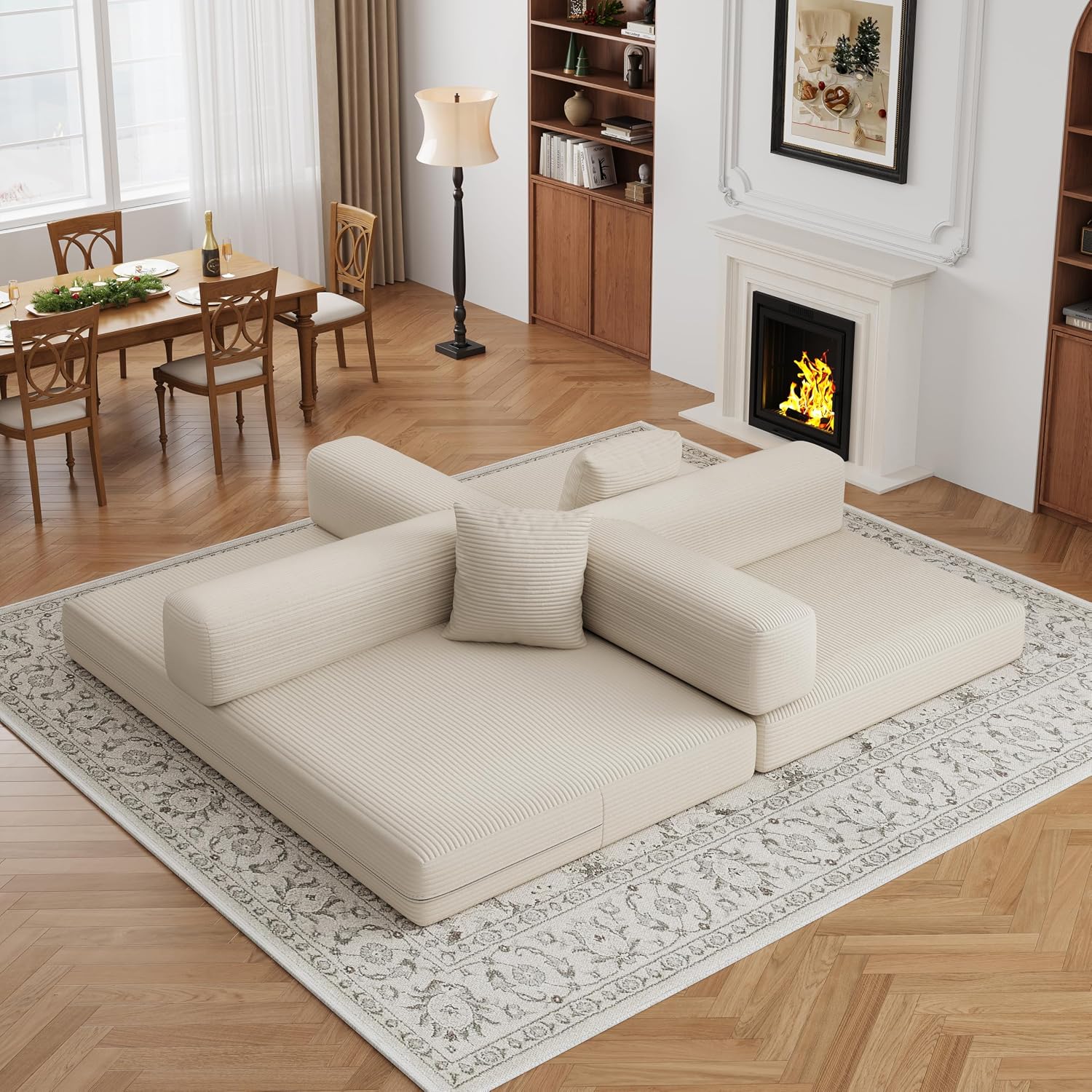4-in-1 Foldable Sofa Bed Teddy Fabric Foam-Filled Compressed Couch, Beds Queen Size Convertible Sofa Couch Loveseat , Boneless Folding Sleeper for Living Room, Guest Bed, Playroom (Beige, 59' 2 Seat)