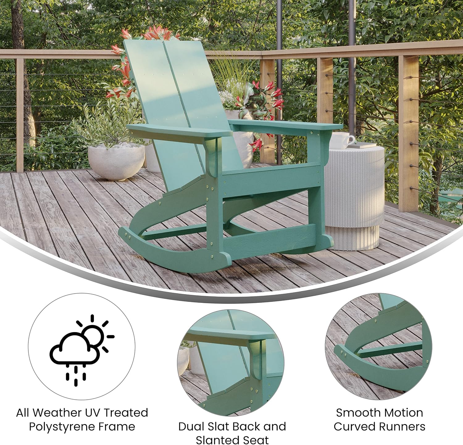 EMMA + OLIVER Harmon Adirondack Rocking Chair - Sea Foam Poly Resin - for Indoor/Outdoor Use - All Weather Materials - Easy Assembly - 350 lb. Weight Capacity