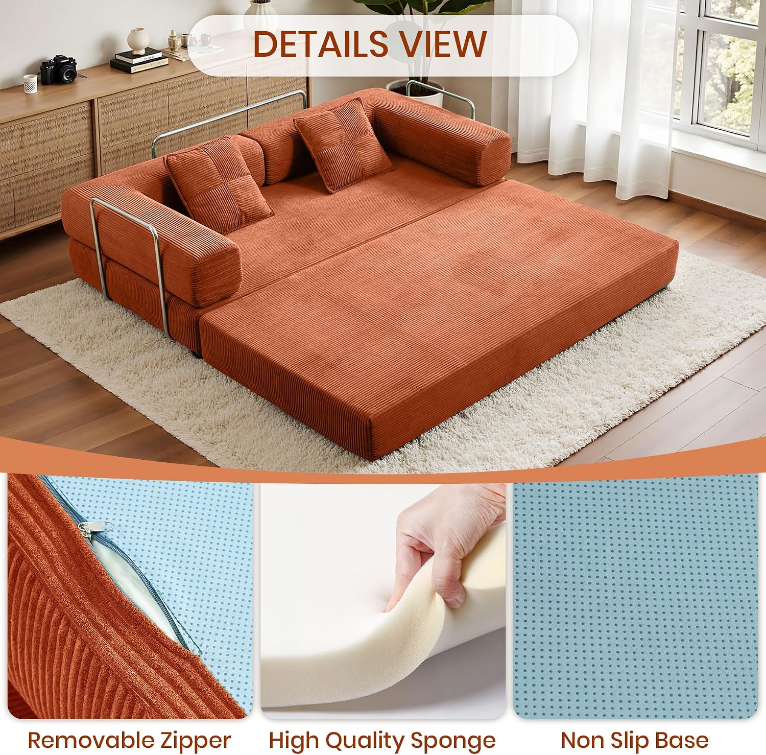 Compression Sofa - 78''Convertible Floor Sofa Bed - with Pillow Back Support Armrest - Comfy Foldable Sofa Bed Compressed Sofa in Box - Corduroy Fabric - for Living Room - Bright Orange
