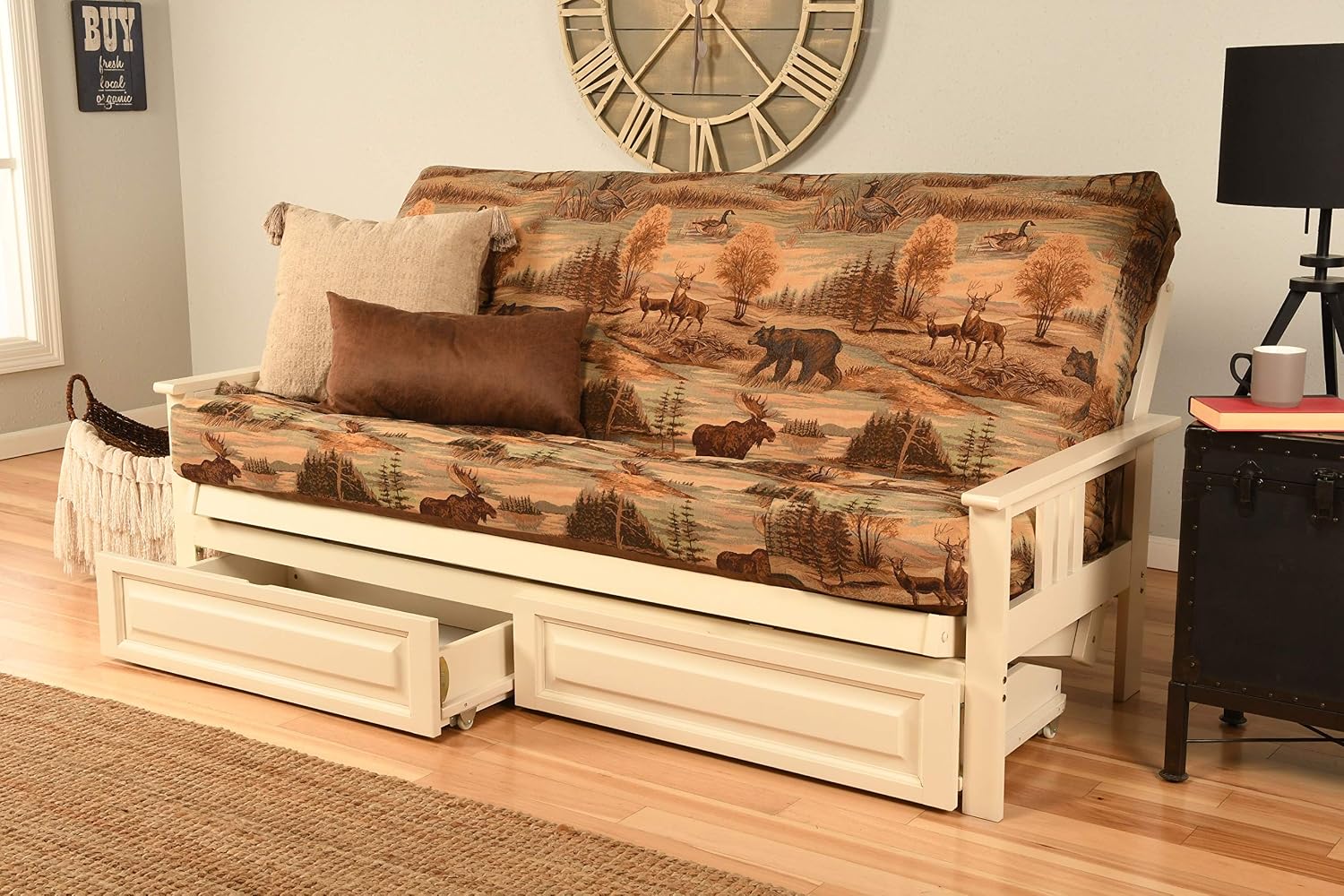 Kodiak Furniture Monterey Futon Set with Storage Drawers, with Antique White Base and Canadian Mattress