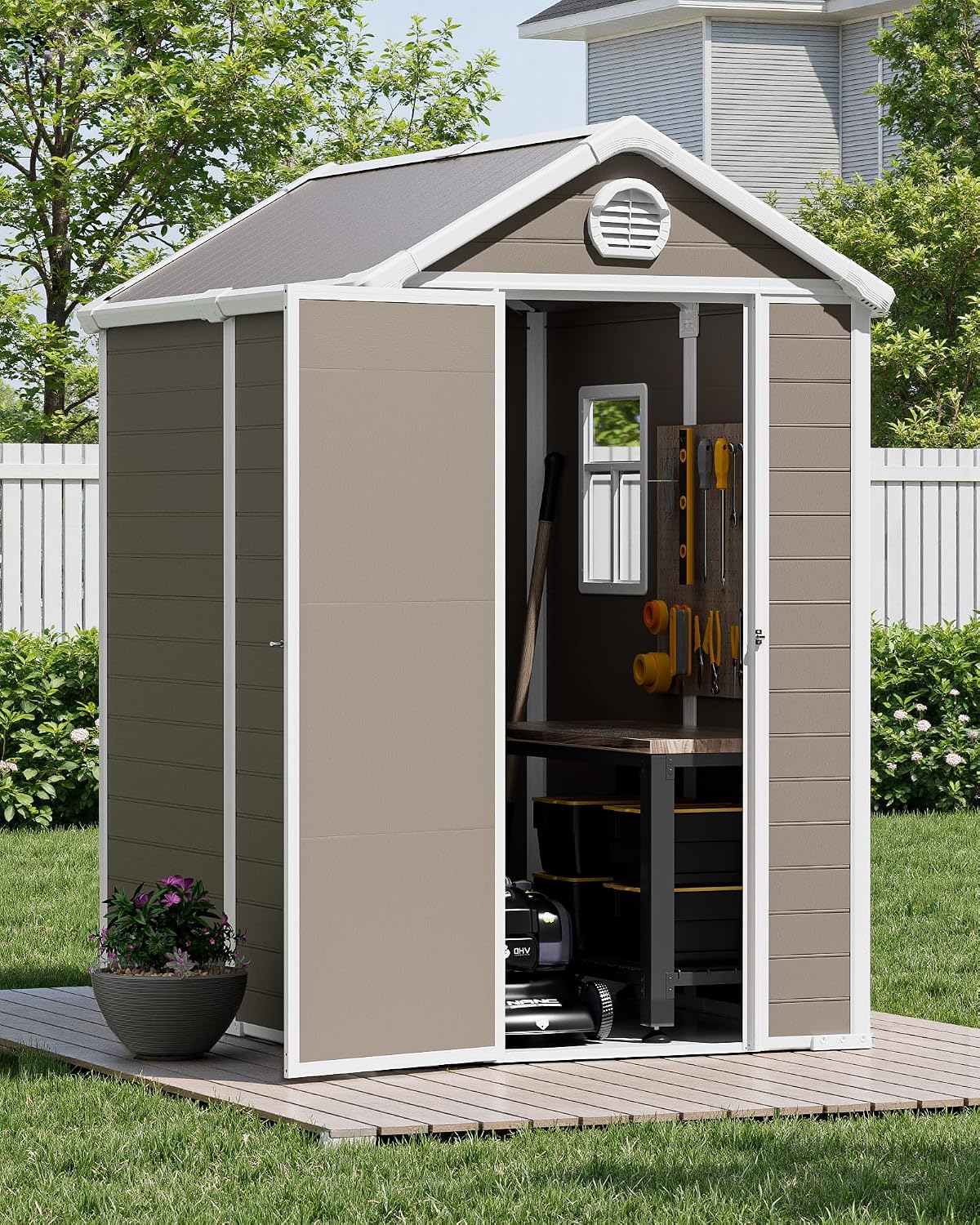 6x4.5 Large Outdoor Storage Shed with Floor, Spacious Tool Shed for Lawn Mower, Bike, and Patio Furniture, Includes Lockable Door and Ventilation, Warm Gray
