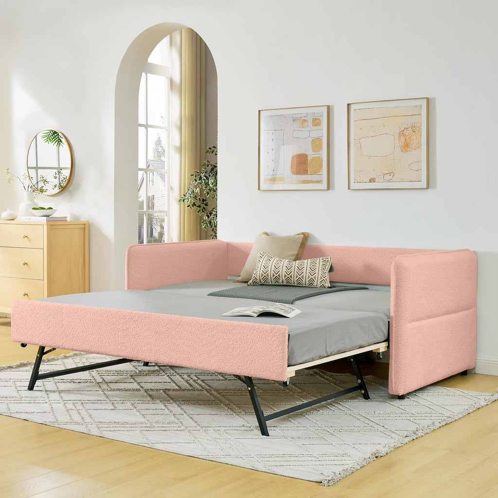 KEIKI Twin Size Upholstery Tufted Daybed with Erectable Trundle, Twin to King Design Modern Extendable Boucle Sofa Bed, Easy Assembly, No Box Spring Required, for Living Room and Bedroom, Pink