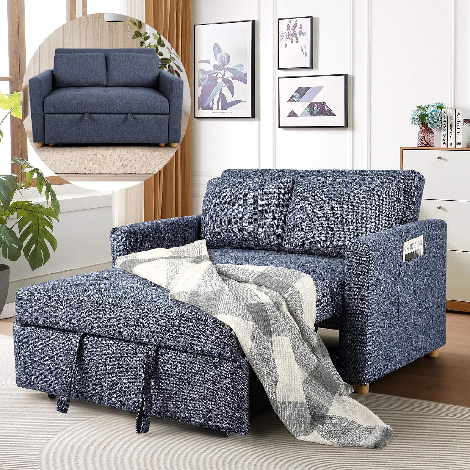 SEJOV Convertible Sofa Bed, 3-in-1 Sleeper Sofa Pull Out Couch Bed, 2-Seater Linen Fabric Loveseat Futon with Spring Support, Adjustable Backrest for Small Spaces, Living Room, Navy Blue
