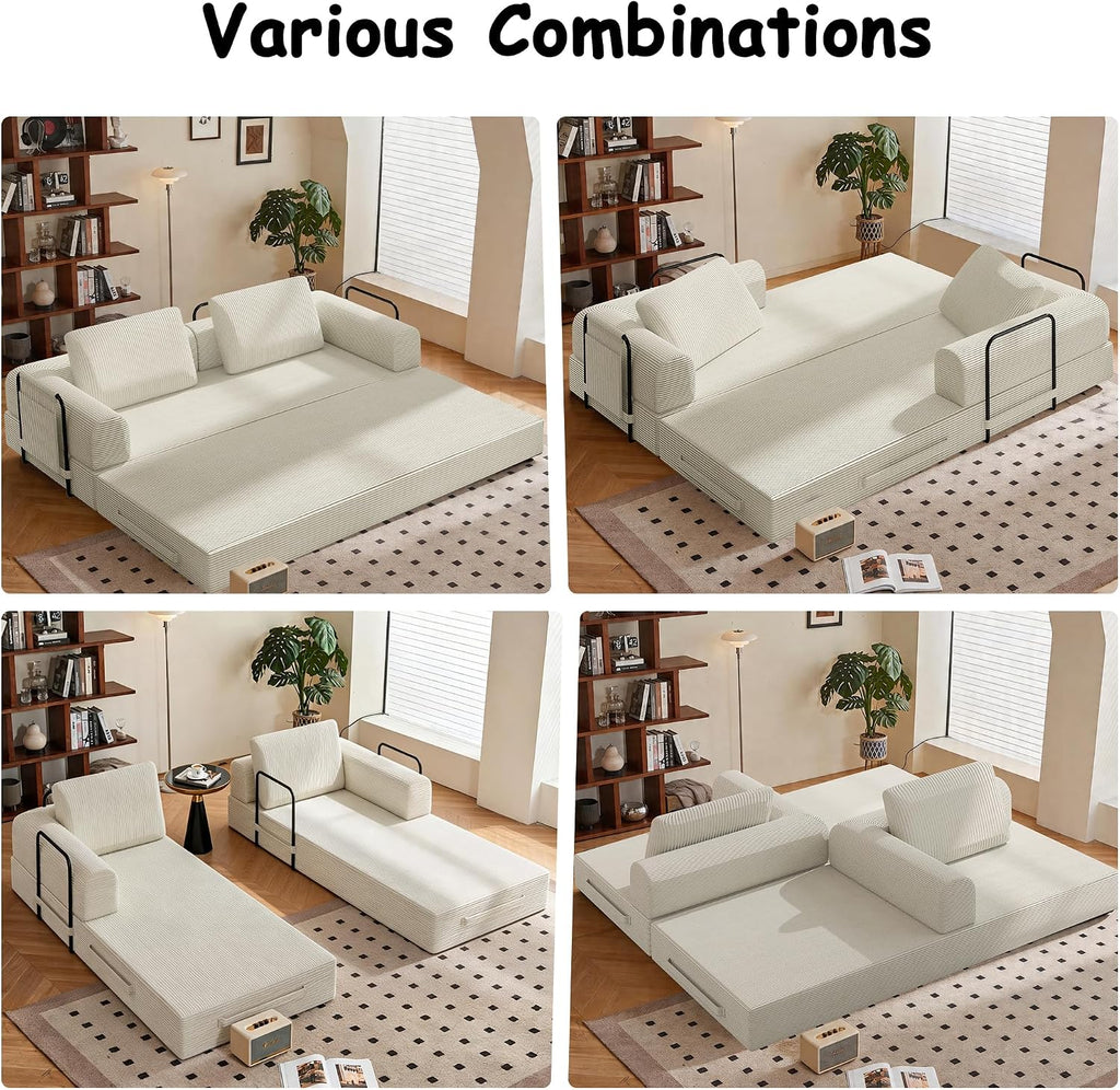 78' Convertible Sofa Bed, 5-in-1 Boneless Sleeper Sofa with with Fixed Frame & Pocket, Corduroy Pull Out Couch with 2 Pillows, Couch Bed for Living Room, Small Spaces, Bedroom, No Assembly