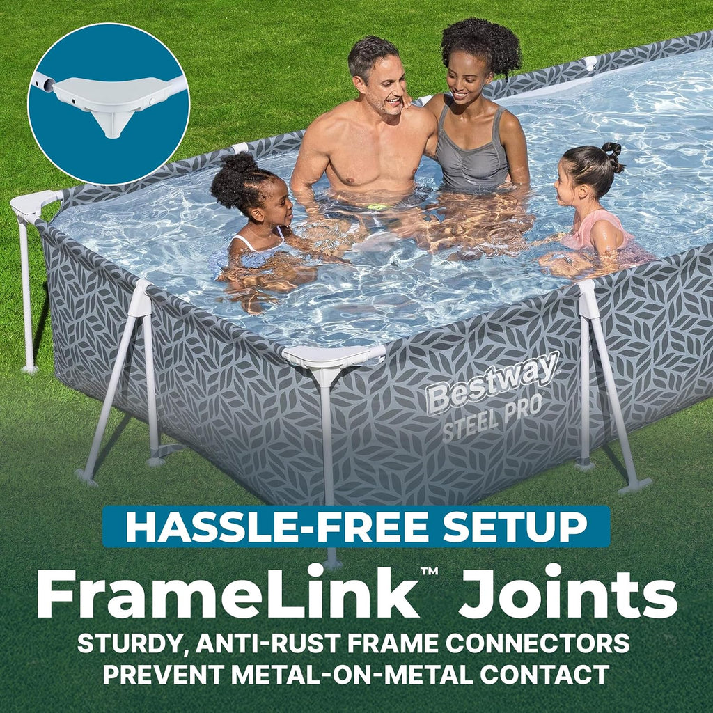 Bestway Steel Pro 12' x 6' 7' x 26' Rectangle Above Ground Outdoor Swimming Pool Set with DuraPlus Liner and FrameLink System, Gray