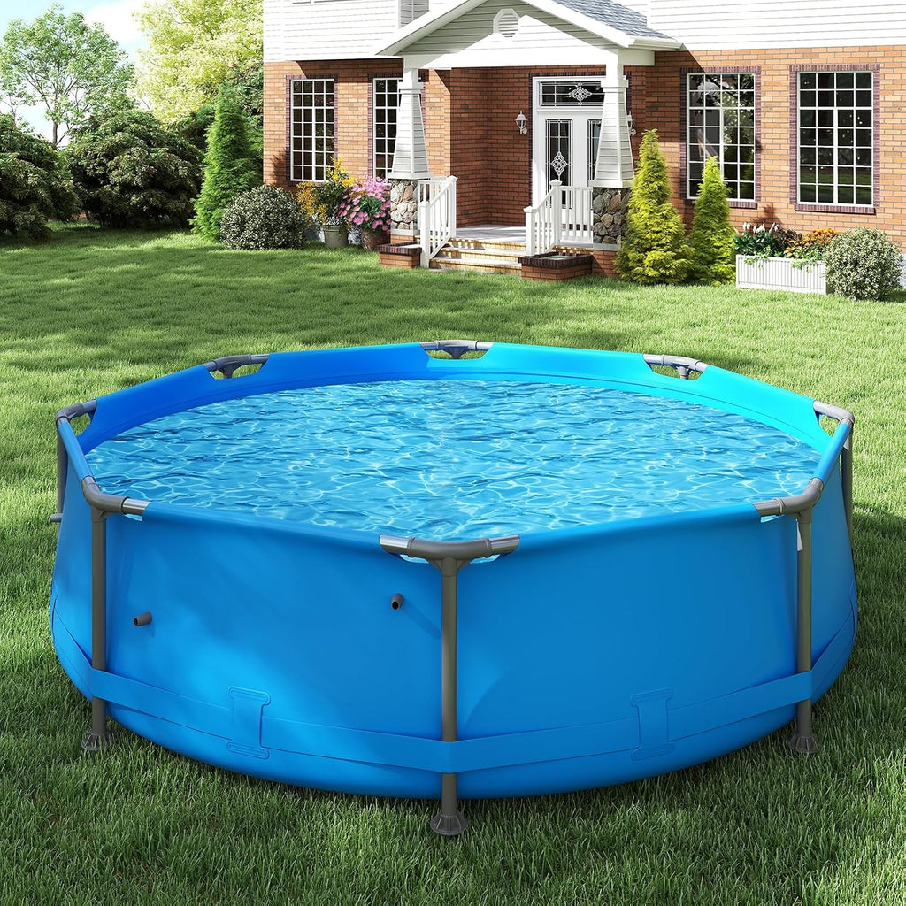 GYMAX 10ft x 30in Metal Frame Above Ground Swimming Pool, Outdoor Backyard Famliy Pool Set with Puncture-Resistant Fabric, Drainage Valve Connector for Kids & Adults (10' x 30', Round, Blue)