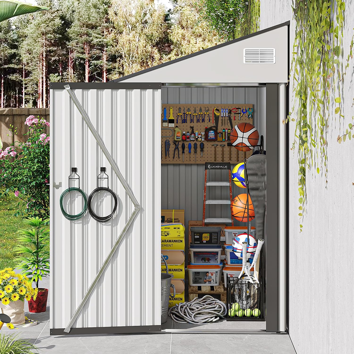 4x8FT Outdoor Storage Shed, Lean to Shed, Metal Wall Side Tool Storage Sheds House with Single Lockable Door for Backyard, Patio, Garden, Lawn