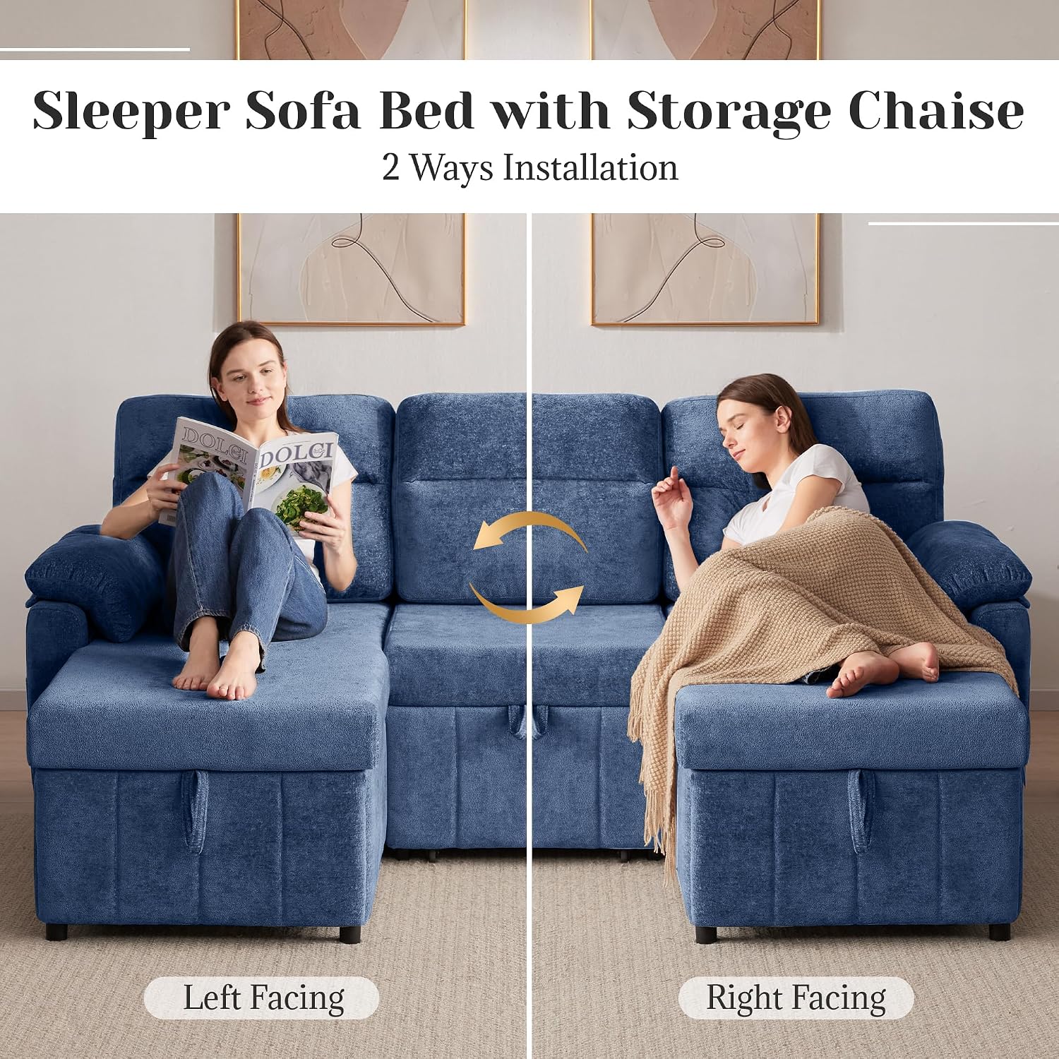 Tbfit 84'' Sleeper Sofa Bed, 3 in 1 Cloud Pull Out Sofa Couch with USB & Storage Chaise, Chenille Convertible Sofa Bed with Pull Out Bed, Couches for Living Room, Apartment, Office, Blue