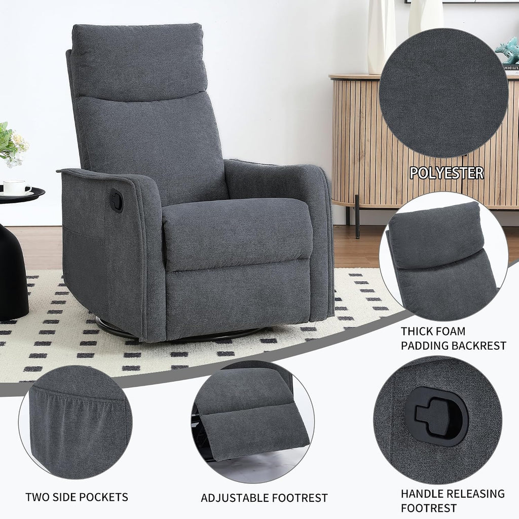 Massage Chair Recliner with Heat, 360° Swivel Glider Rocker with Reclining Backrest and Footrest, Manual Lazy Boy Recliners for Adults, Modern Nursery Rocking Chairs (Dark Grey)