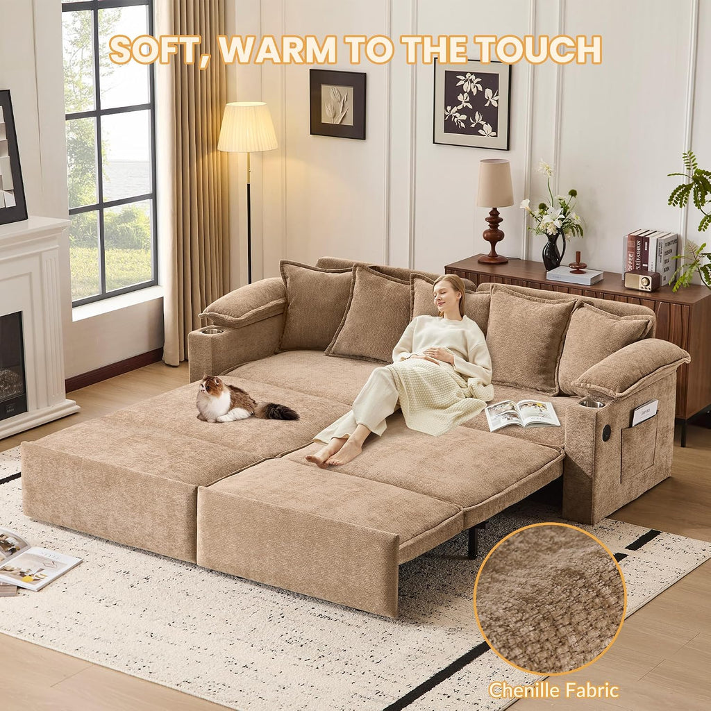 SUNWAVE 83' King Size Pull Out Sofa Bed, 4-in-1 Convertible Sleeper Sofa Bed with USB Ports, Cup Holders, Side Pockets, Corduroy Oversized Loveseat Chaise Lounge for Living Room, Small Space