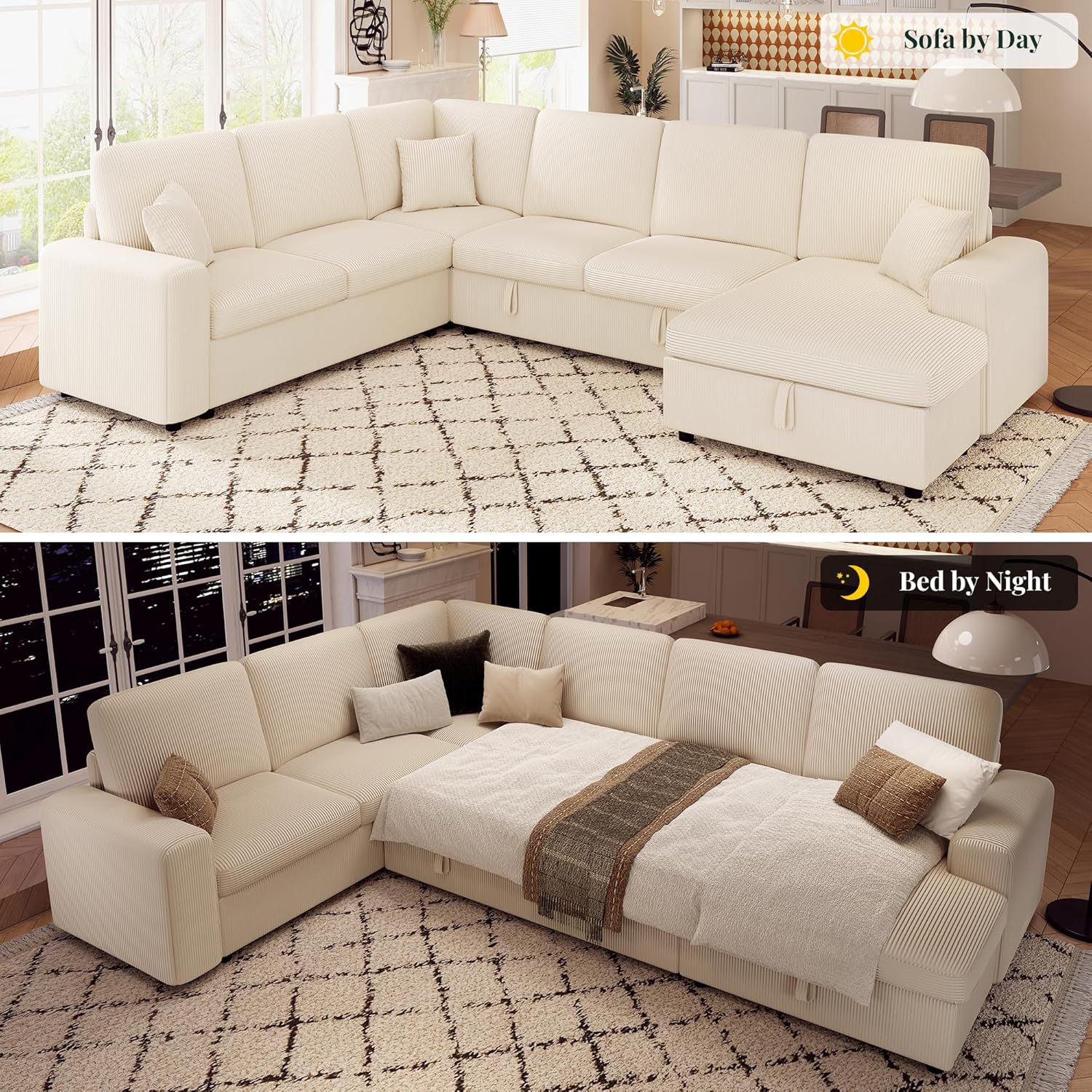 Jocisland 130' Sofa Bed, Sleeper Sofa, Pull Out Sleeper Couch with Storage, Convertible 6-Seater Sofa Bed for Living Room, Corduroy Beige