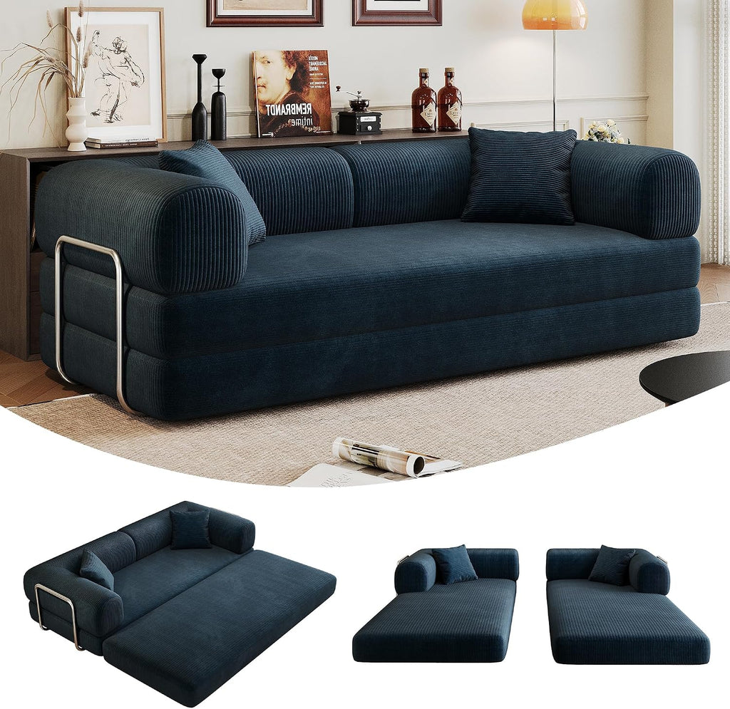 79' Convertible Sofa Bed, Corduroy Folding Pull Out Couch with Pillows, No Assembly Modern Boneless Couch Compression Sofa in Box, Floor Sofa with Support Rods for Living Room,Blue