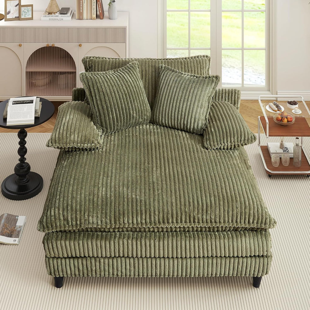 WESTSETLUX 54.8' W Oversized Chaise Lounge Chair Indoor with 5-Position Adjustable Backrest, Corduroy Sleeper Sofa Bed with 3 Pillows, Modern Cloud Couch Chair for Living Room, Bedroom, Green