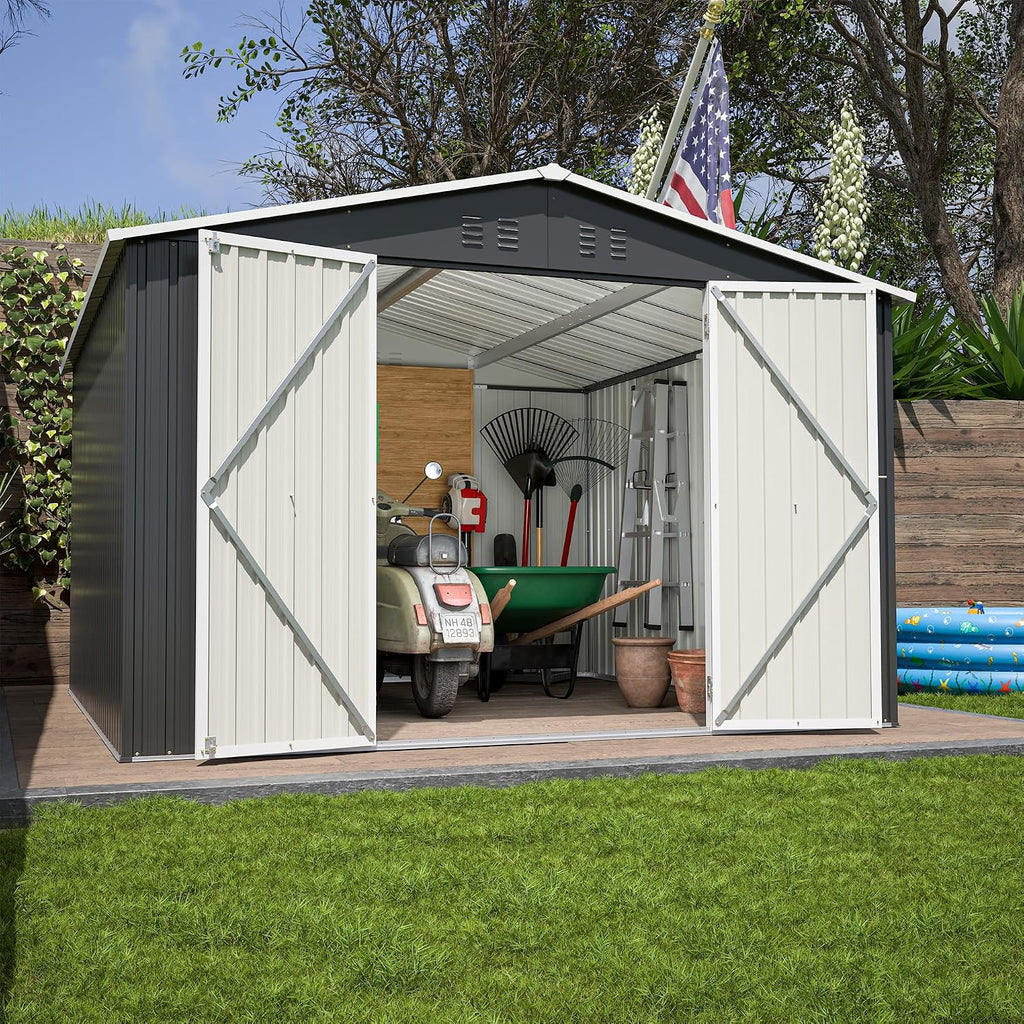 YOPTO 10 x 10 FT Outdoor Storage Shed,Heavy Duty Tool Sheds Metal Storage Garden Shed with Sloped Roof and Lockable Doors,Large Metal Storage Sheds for Backyard Patio Lawn, Black